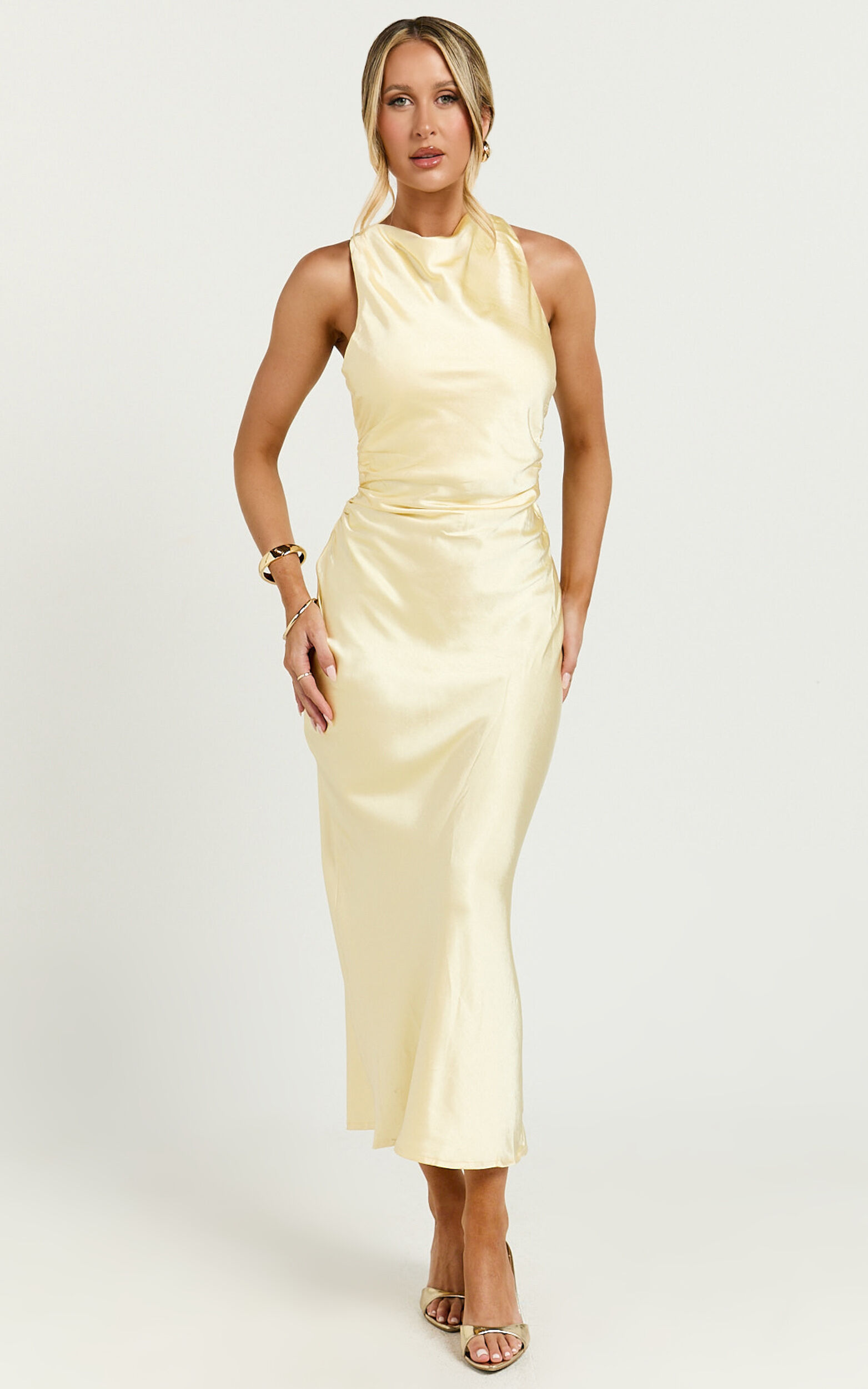 Aluna Midi Dress - High Neck Cross Back Satin Slip Dress in Lemon