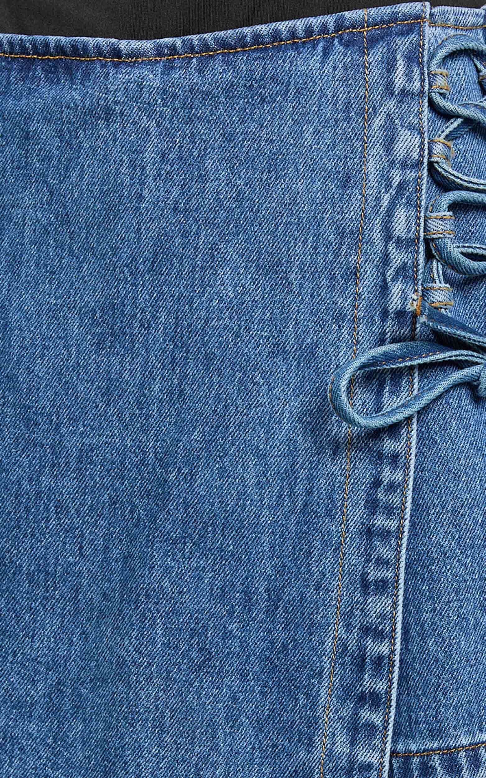 Ronnie Skort - Mid Waist Lace Up Denim Skort in Dark Blue Wash