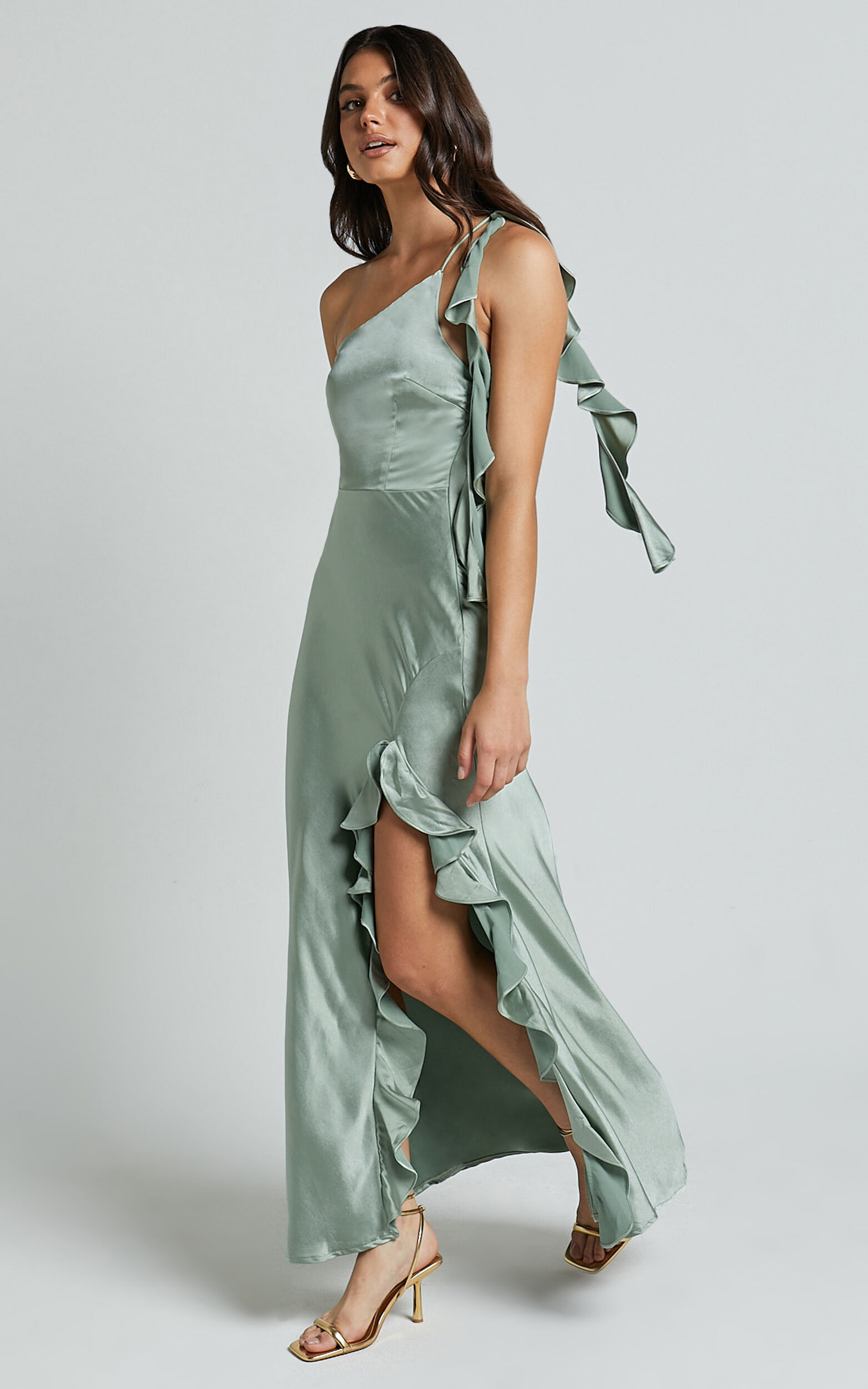 Cleo Midi Dress - One Shoulder Ruffle Detail Satin Dress in Sage