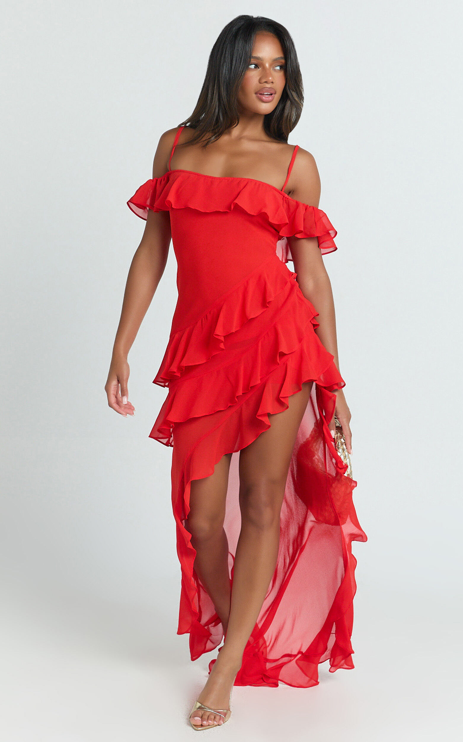 Brigitte Maxi Dress - Halter Off Shoulder Georgette Ruffle Tiered Dress in Red