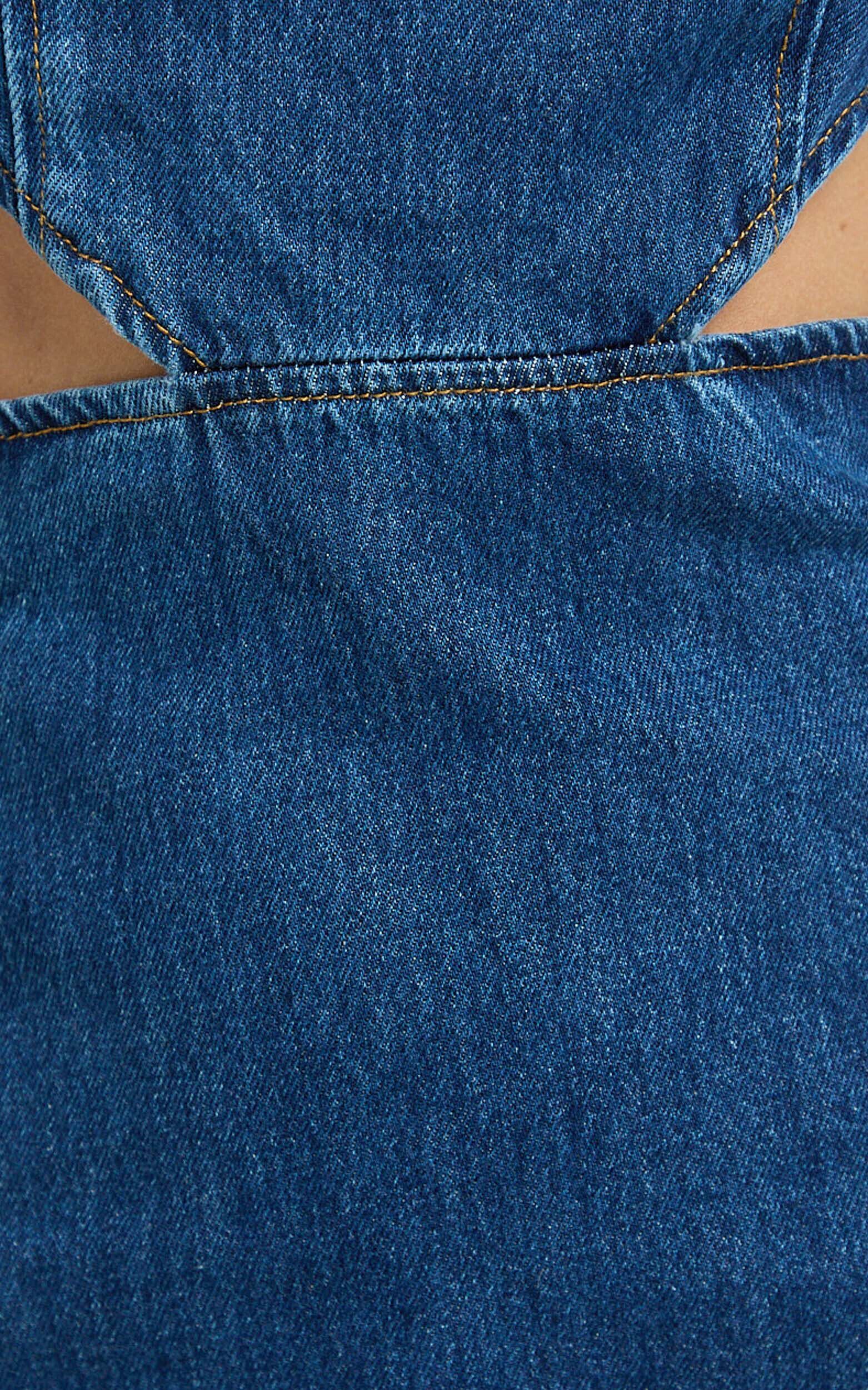 Freya Mini Dress - Denim Cut Out Puff Sleeve Mini Dress in Mid Blue Wash