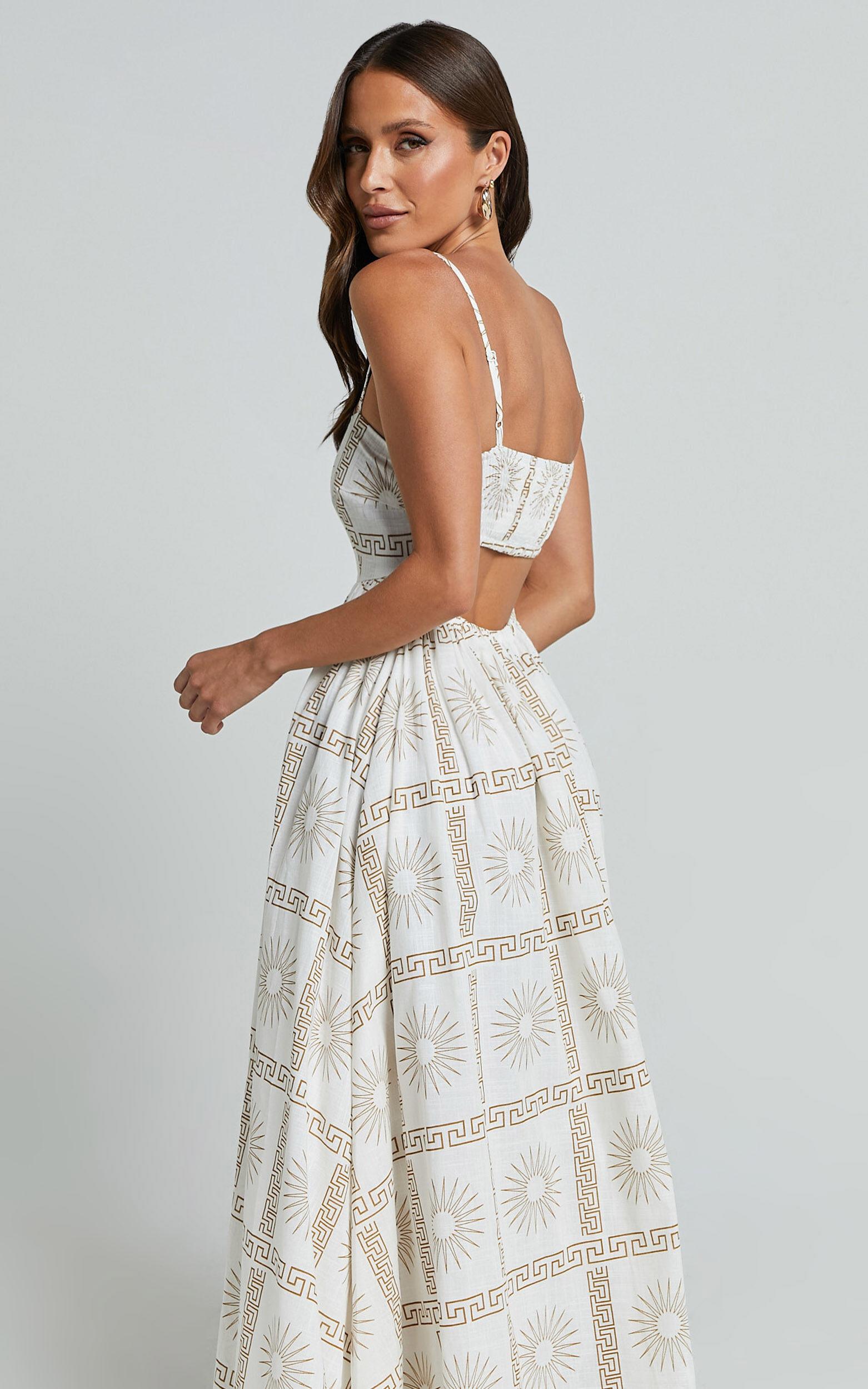 Abbey Maxi Linen Dress - Strappy Straight Neck A Line Dress in White & Brown Sun Print