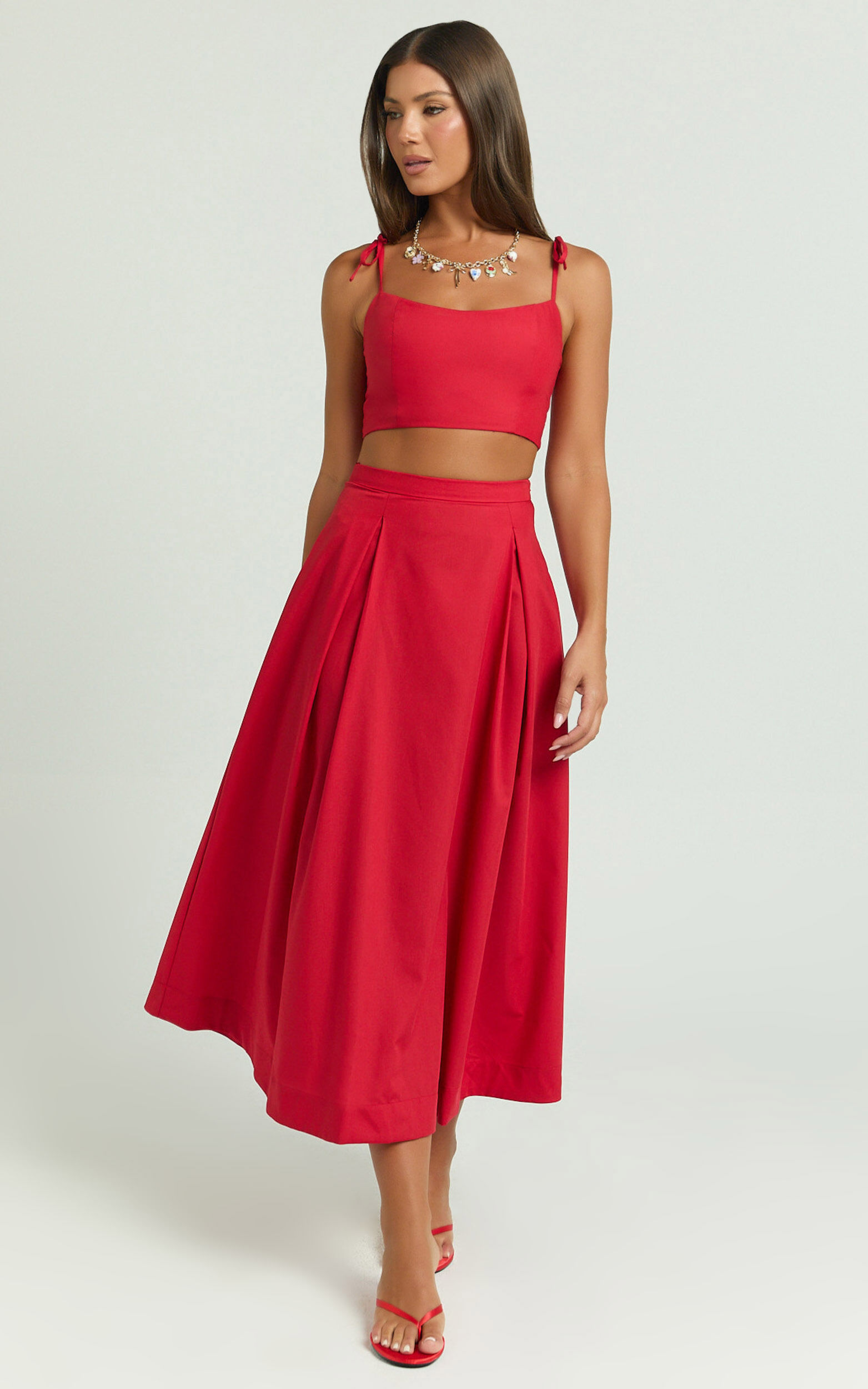 Rosalee Two Piece Set - Strappy Crop Top and High Waisted A Line Midi Skirt Set in Red