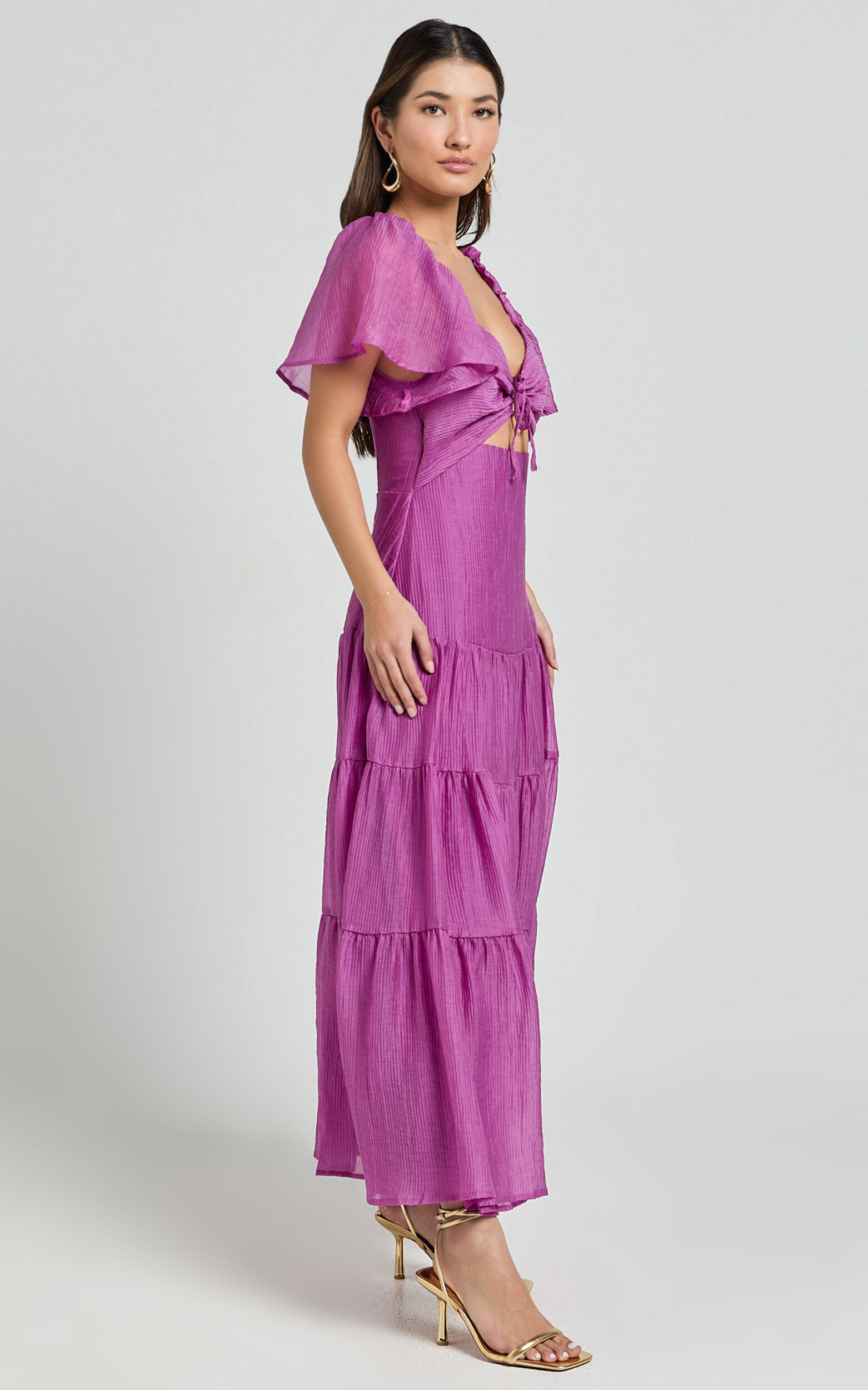 Patricia Midi Dress - Flutter Sleeve Tie Front Tiered Dress in Orchid