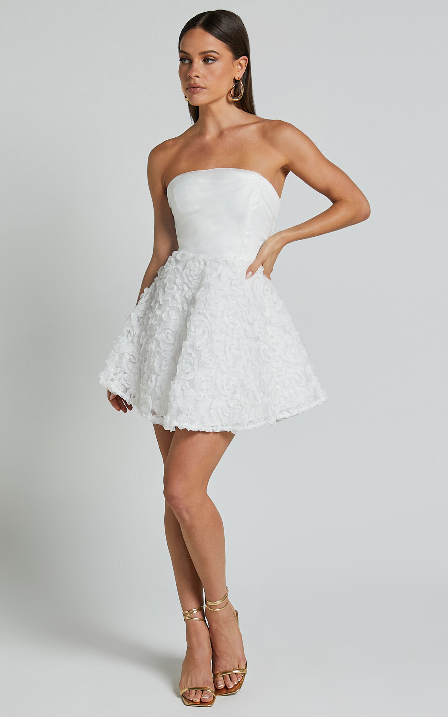 Violeta Mini Dress - Strapless 3d Floral Dress in White