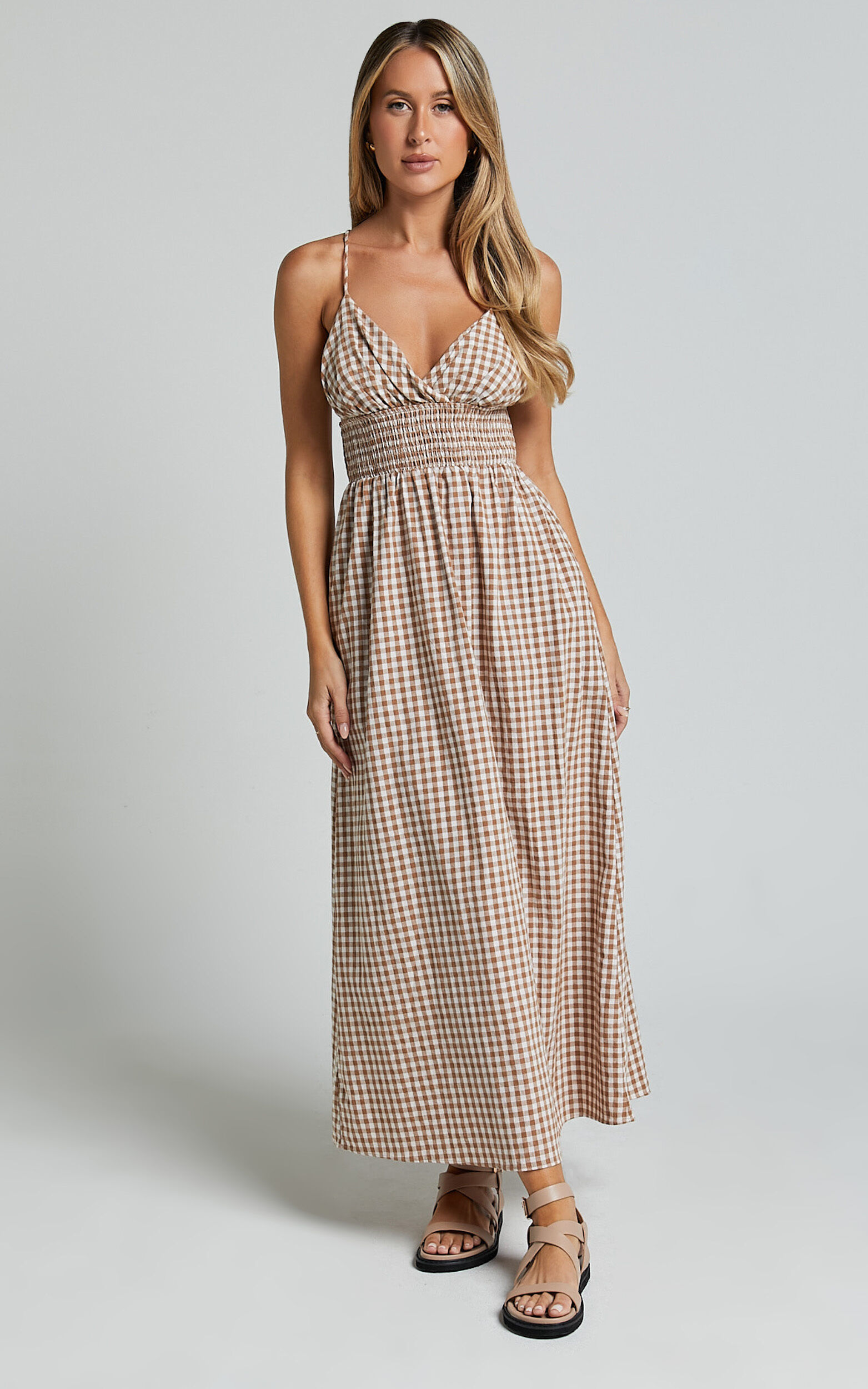 Toni Midi Dress - Strappy Gingham Dress in Caramel and White Gingham