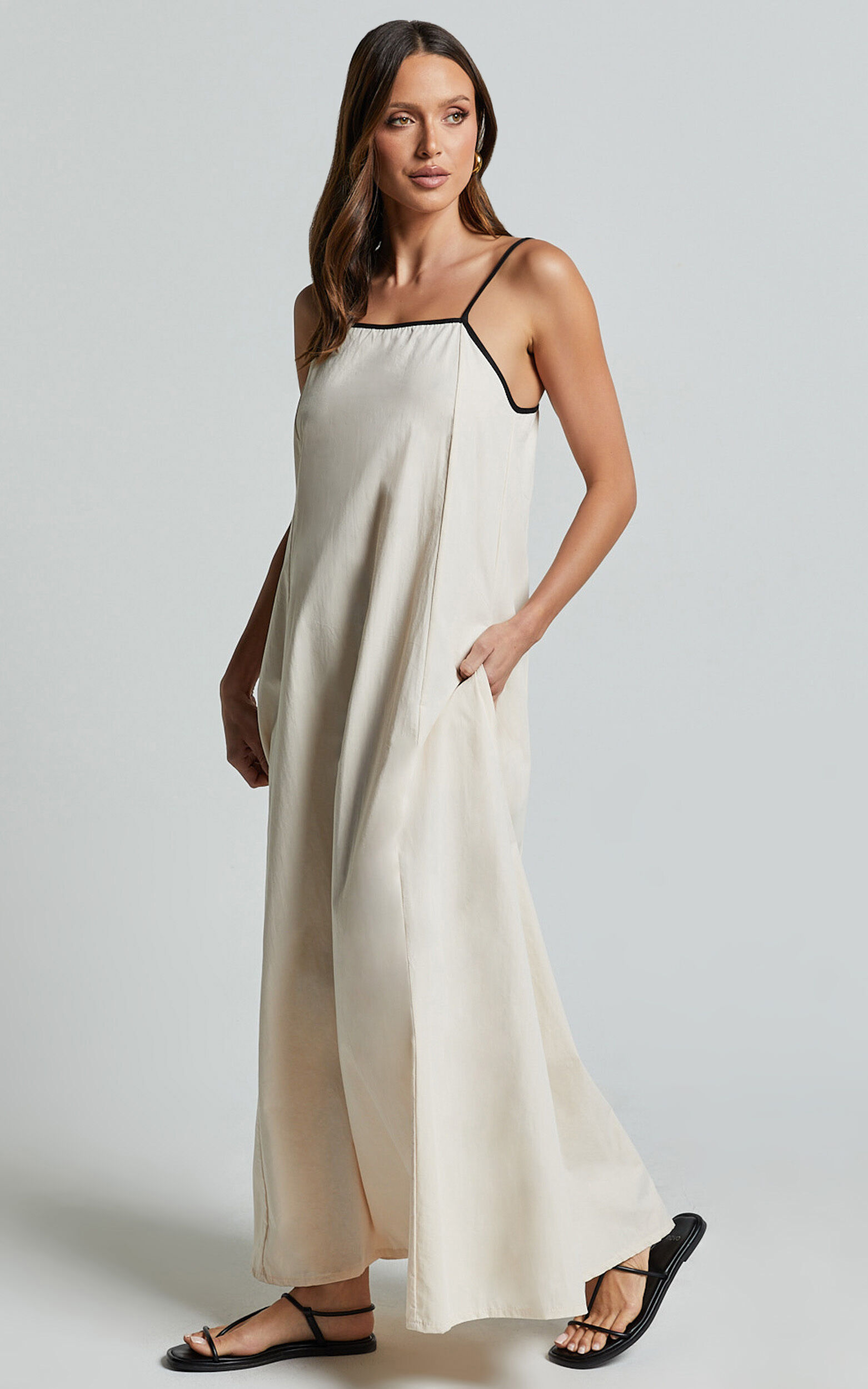 Angelina Midi Dress - Straight Neck Sleeveless A Line Dress in Natural