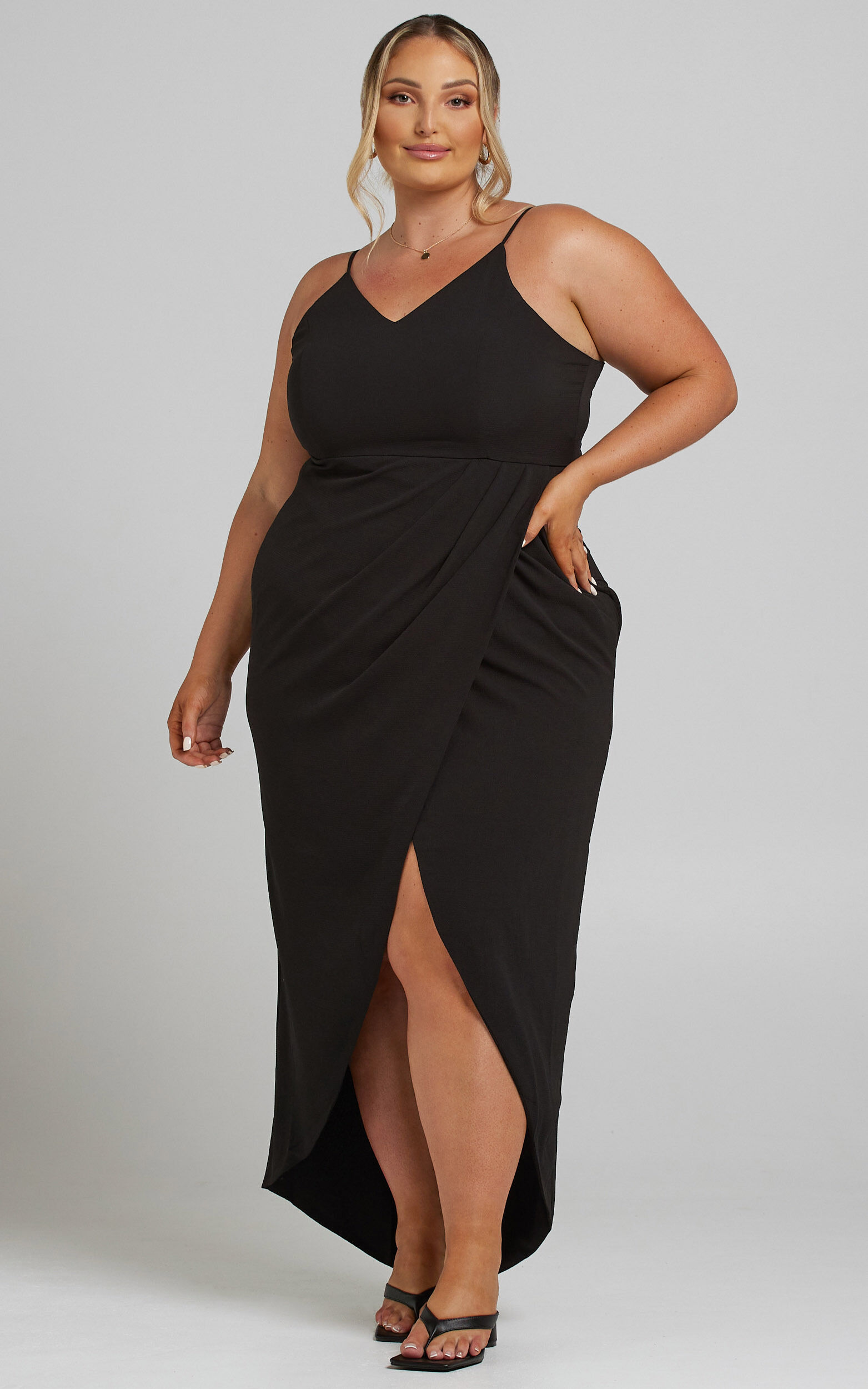 Lucky Day Midi Dress - V Neck Drape Dress in Black