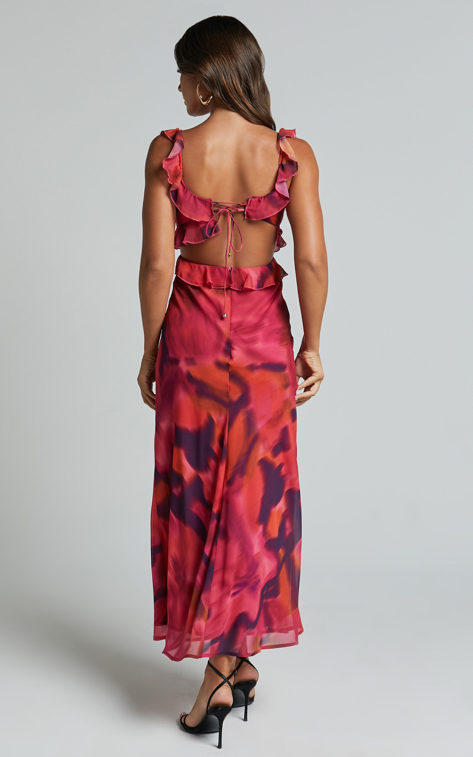 Alessa Maxi Dress - V Neck Frill Detail Empire Waist Back Cut Out Dress in Adeana Print