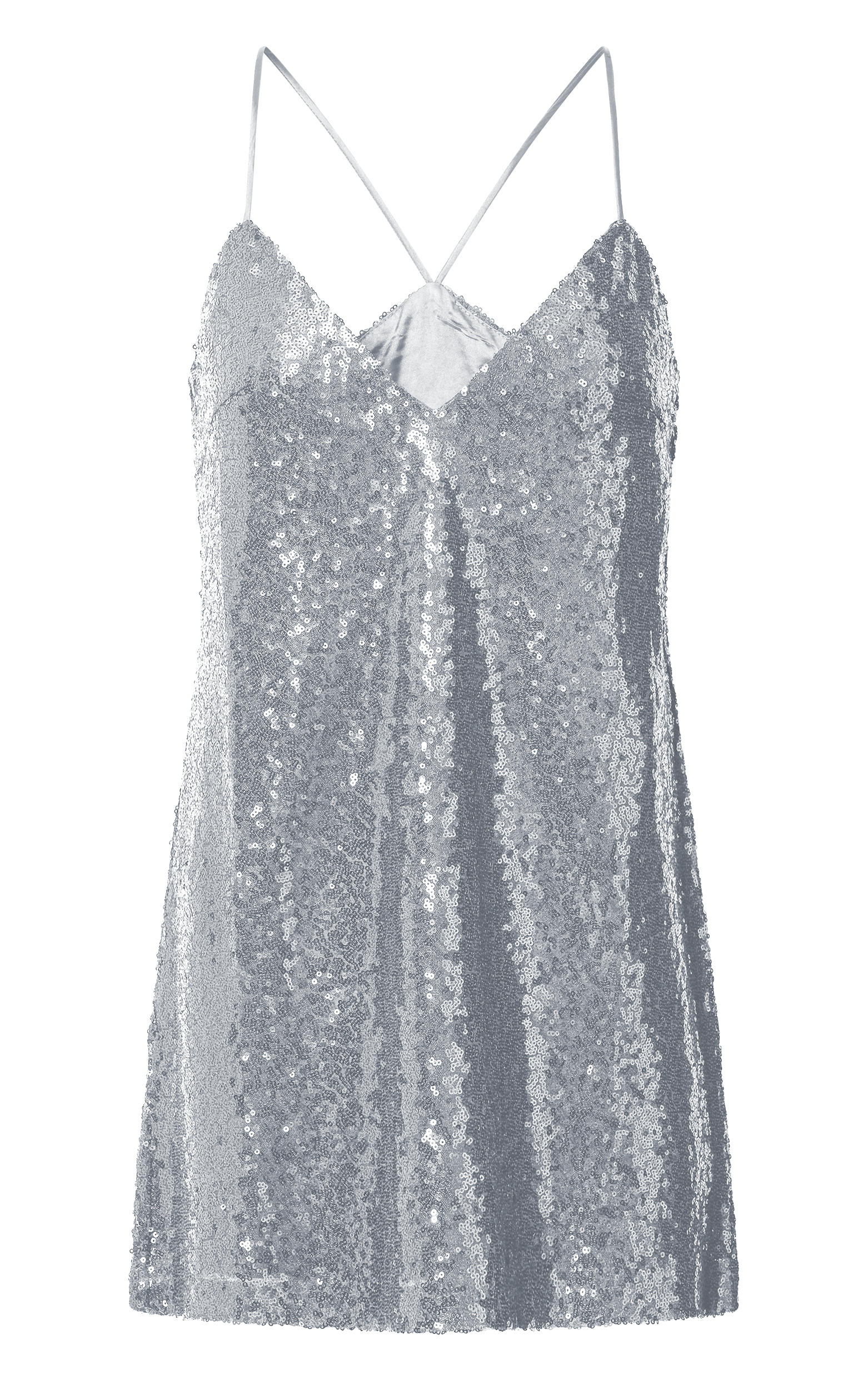 Delilaah Mini Dress - Strappy V Neck Slip Sequin Dress in Silver Sequins