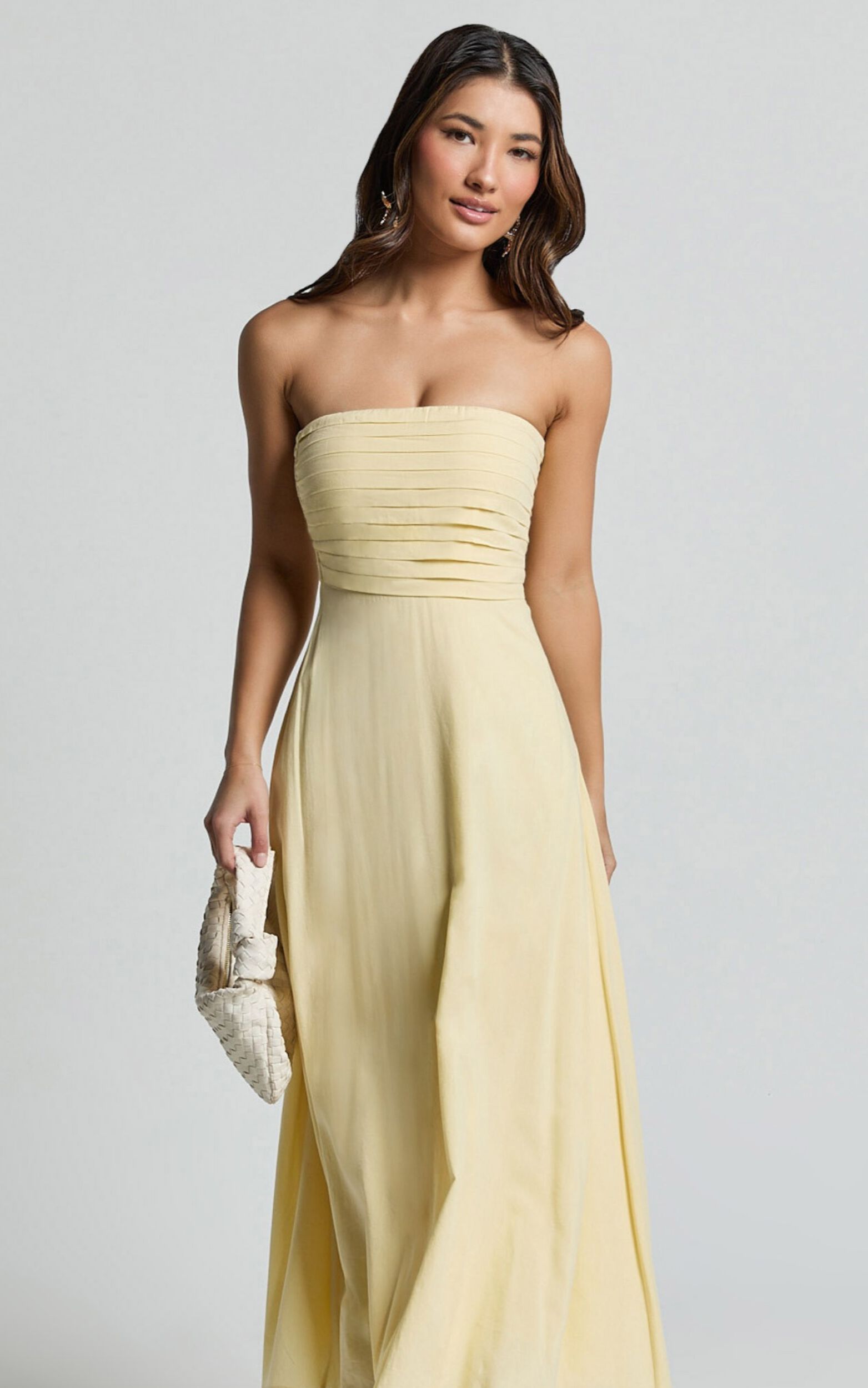Barbra Midi Dress - Strapless Ruched Bodice Dress in Lemon