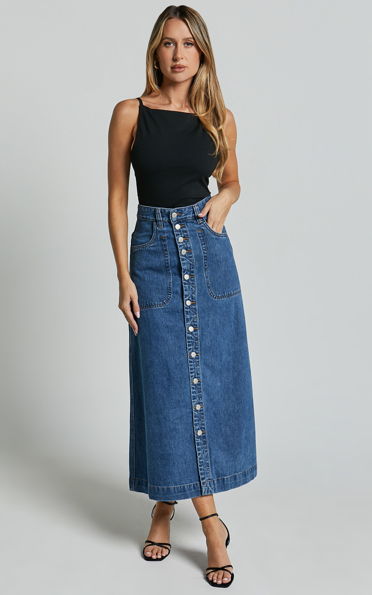 Alisa Midi Skirt - Button Through A Line Denim Skirt in Dark Blue Wash