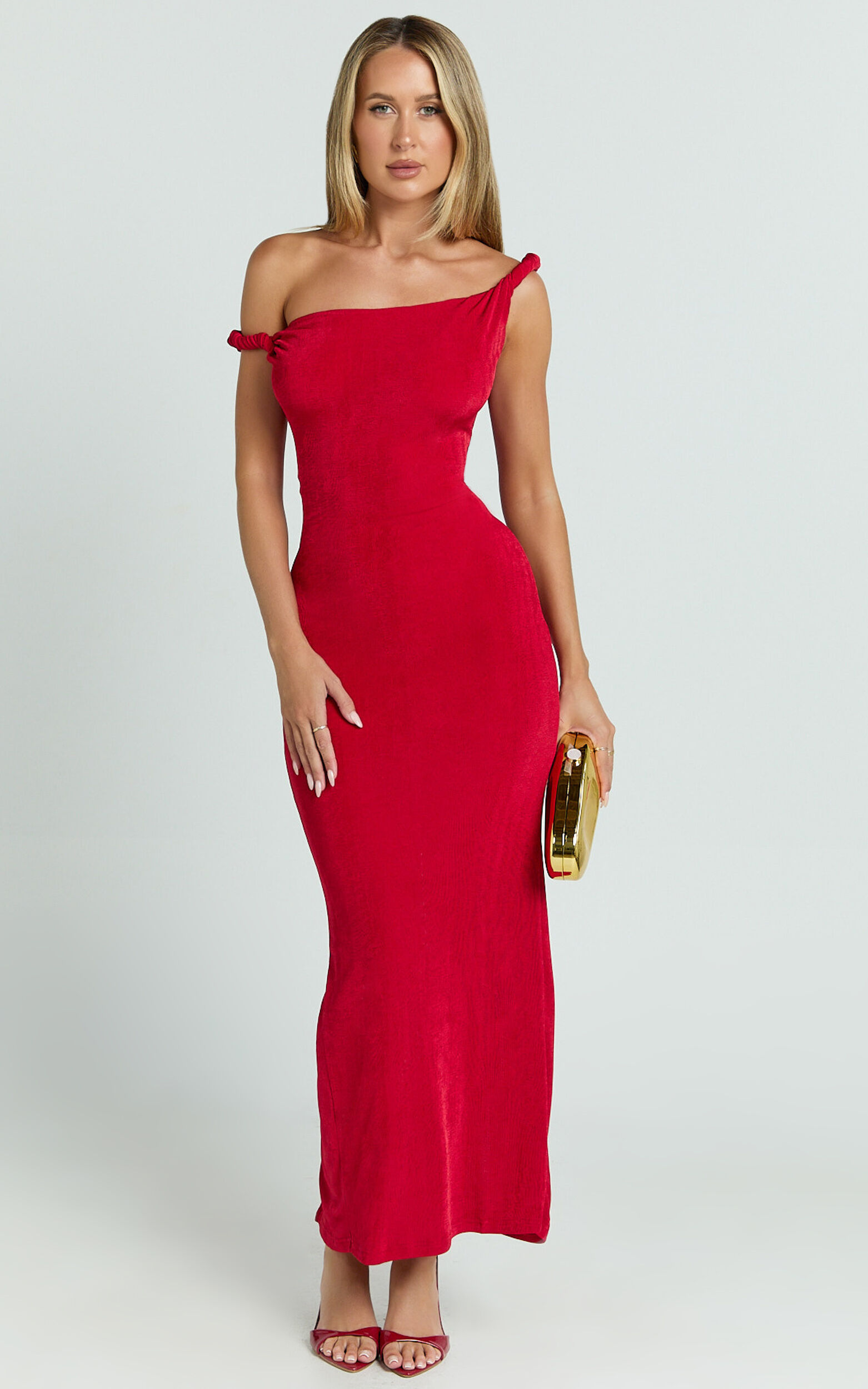 Isabel Midi Dress - Twist Off Shoulder Bodycon Dress in Red