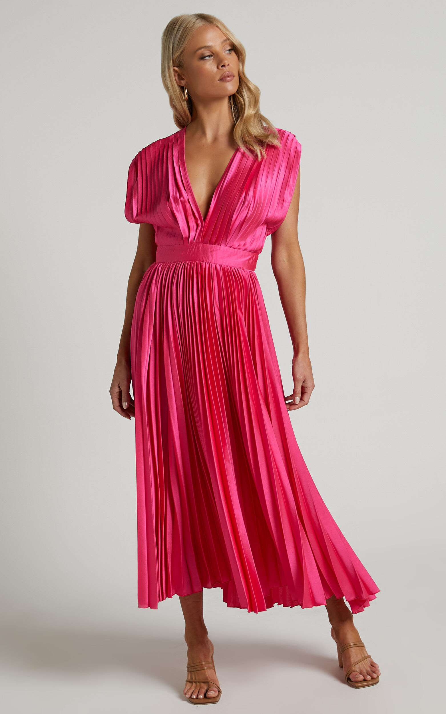 Della Midi Dress - Plunge Neck Short Sleeve Pleated Dress in Hot Pink