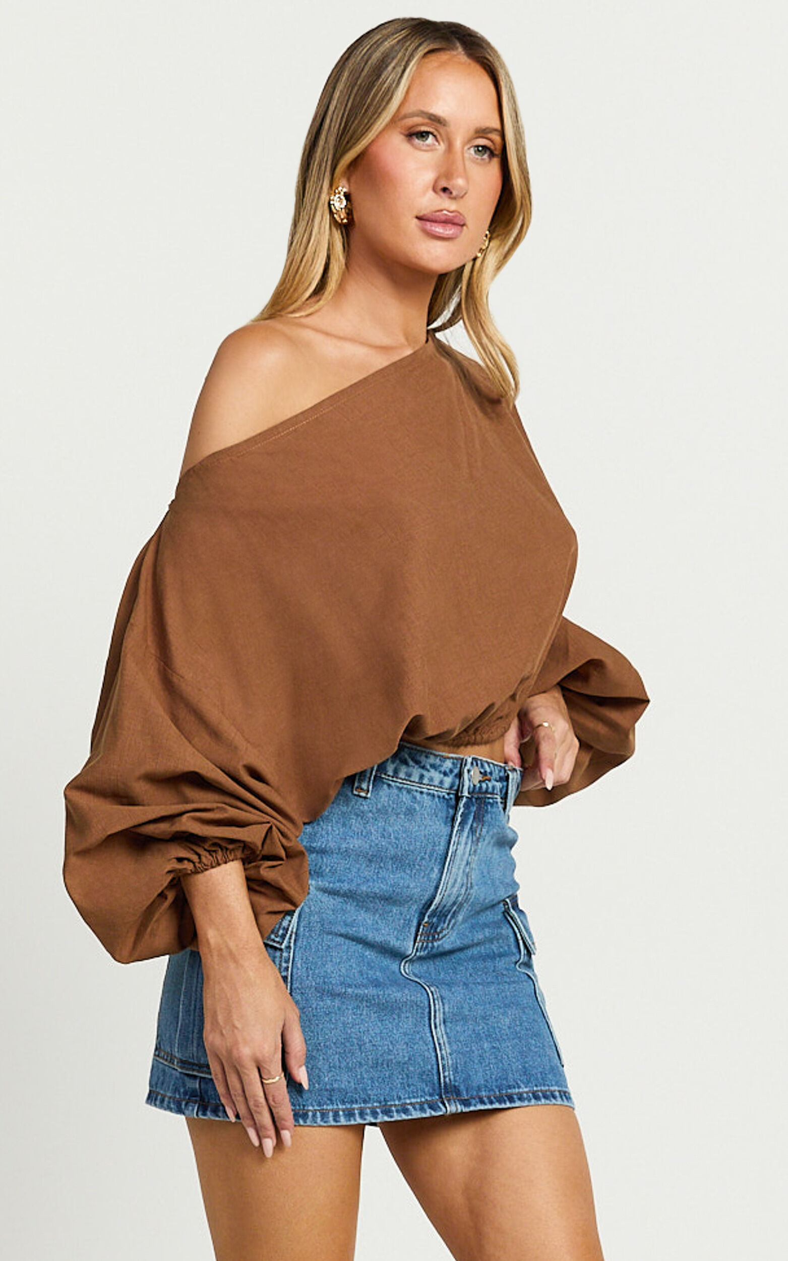 Alesia Top - Asymmetrical Boat Neck Elastic Hem Crop Top in Chocolate