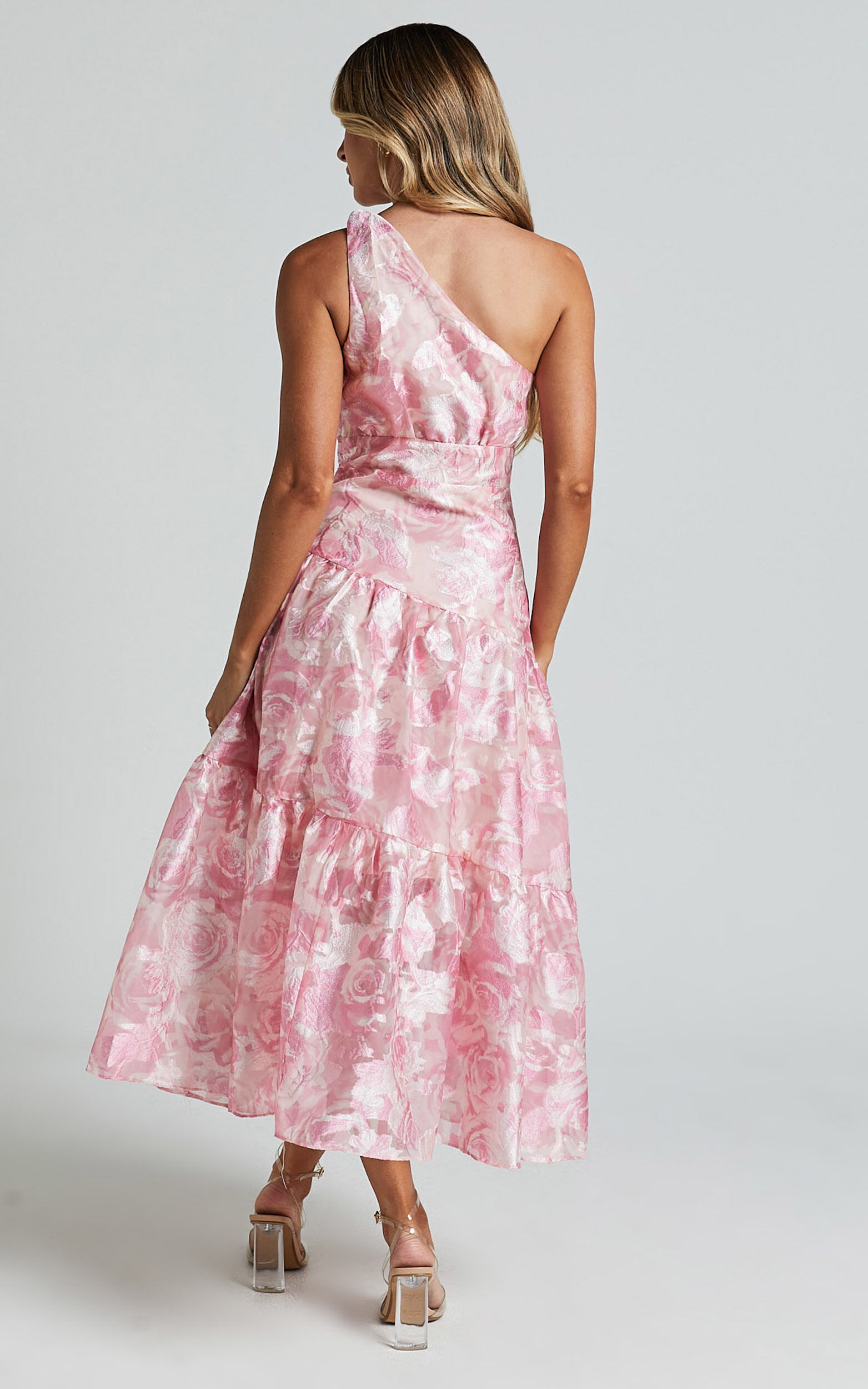 Lettie Midi Dress - One Shoulder Tiered Dress in Blurred Rose