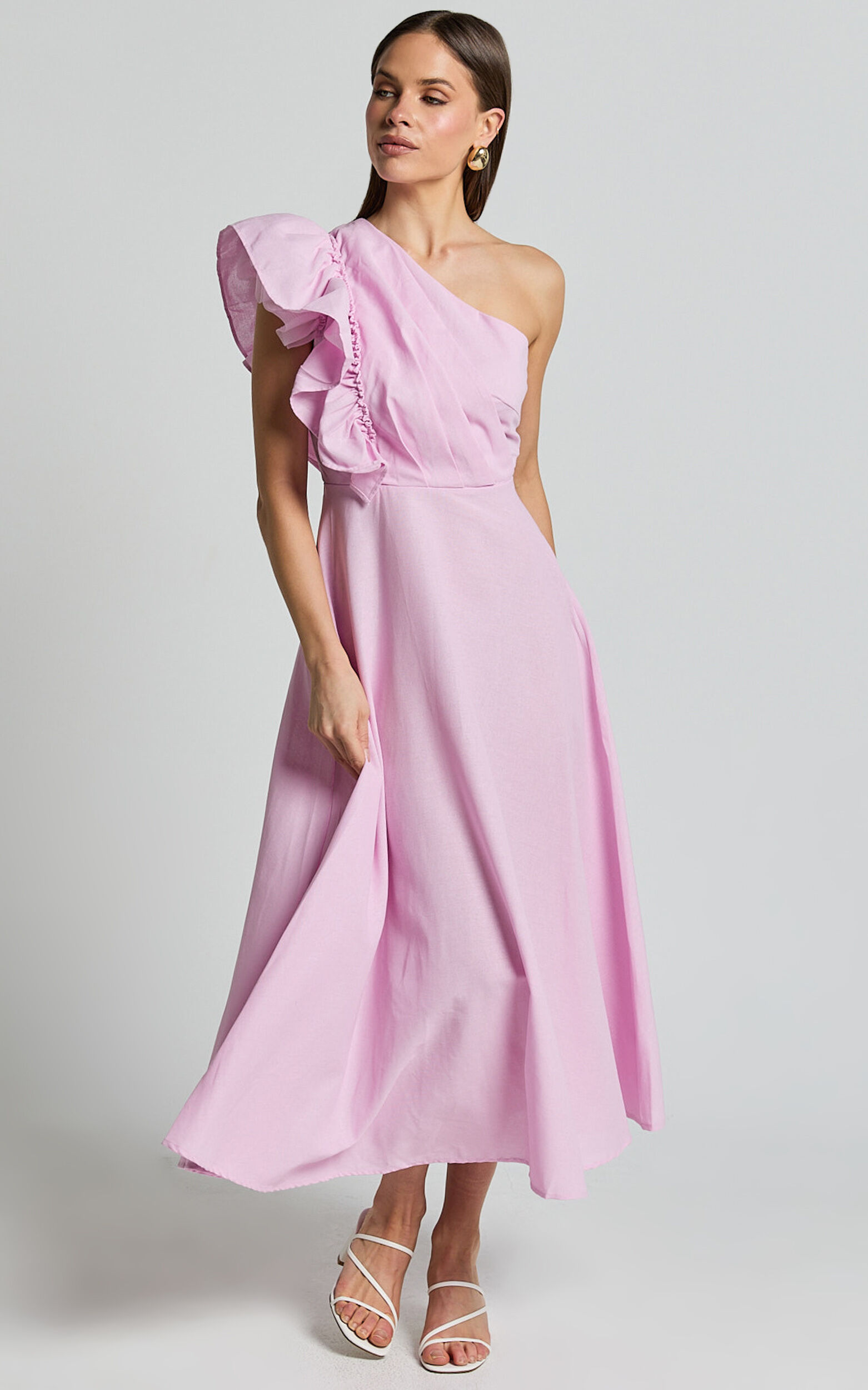 Dixie Midi Dress - Linen Look One Shoulder Ruffle Dress in Pink