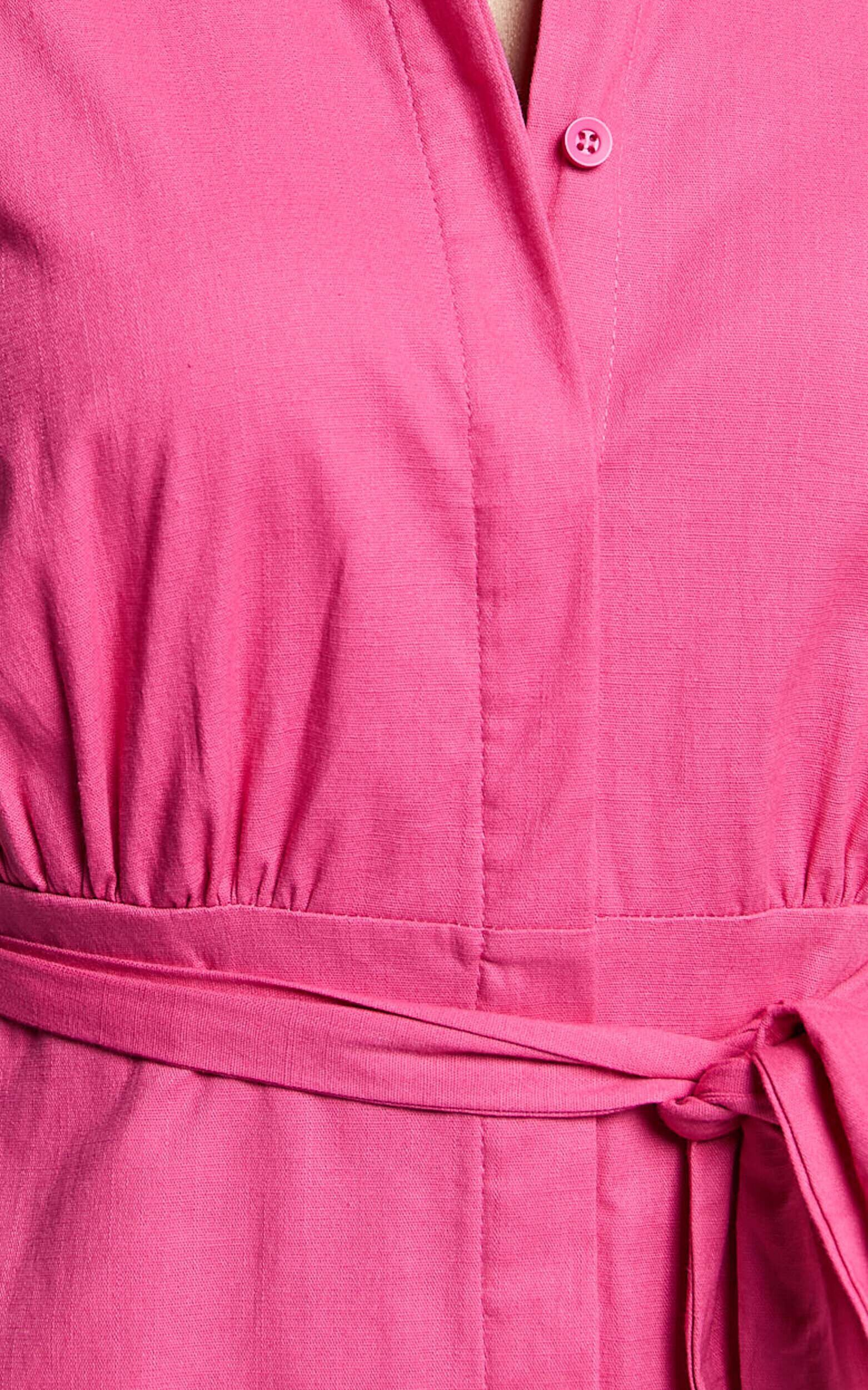 Jesse Midi Dress - Puff Sleeve Collared Shirt Dress in Hot Pink