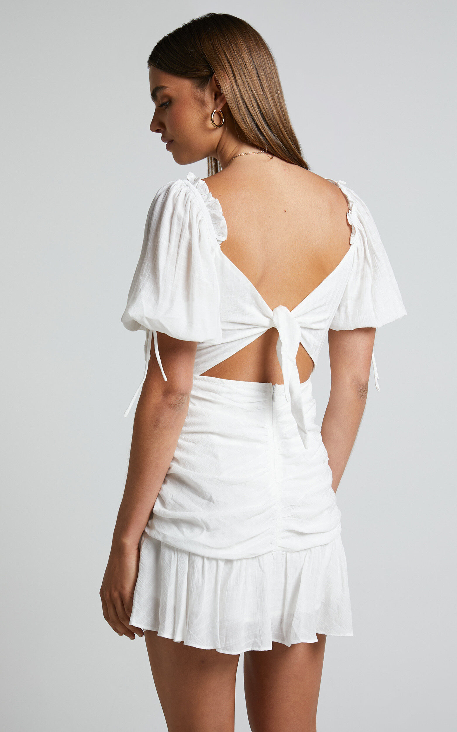 Emileen Mini Dress - Cross Front Cut Out Puff Sleeve Dress in White
