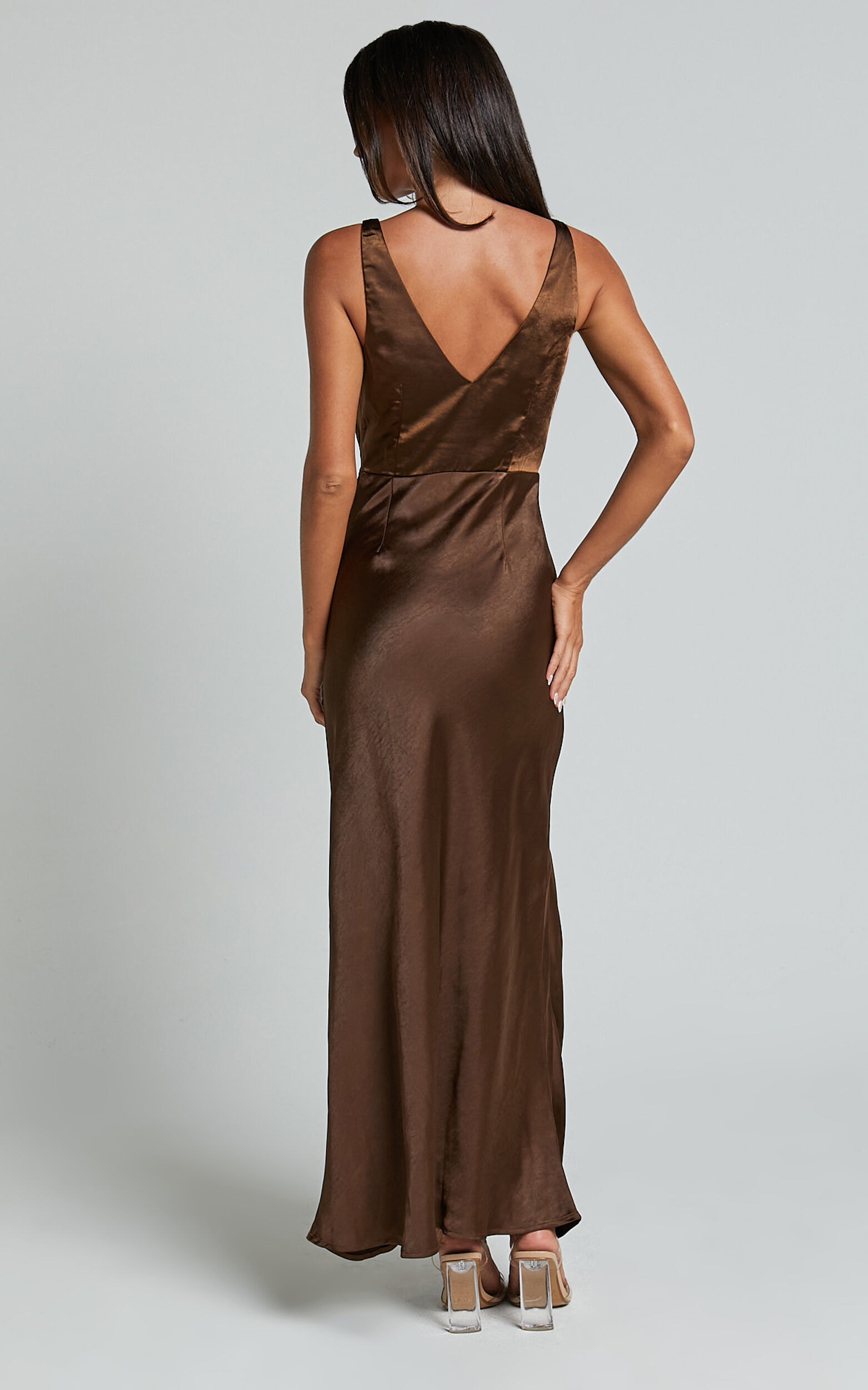 Melodie Midi Dress - V Neck Satin Slip Dress in Chocolate