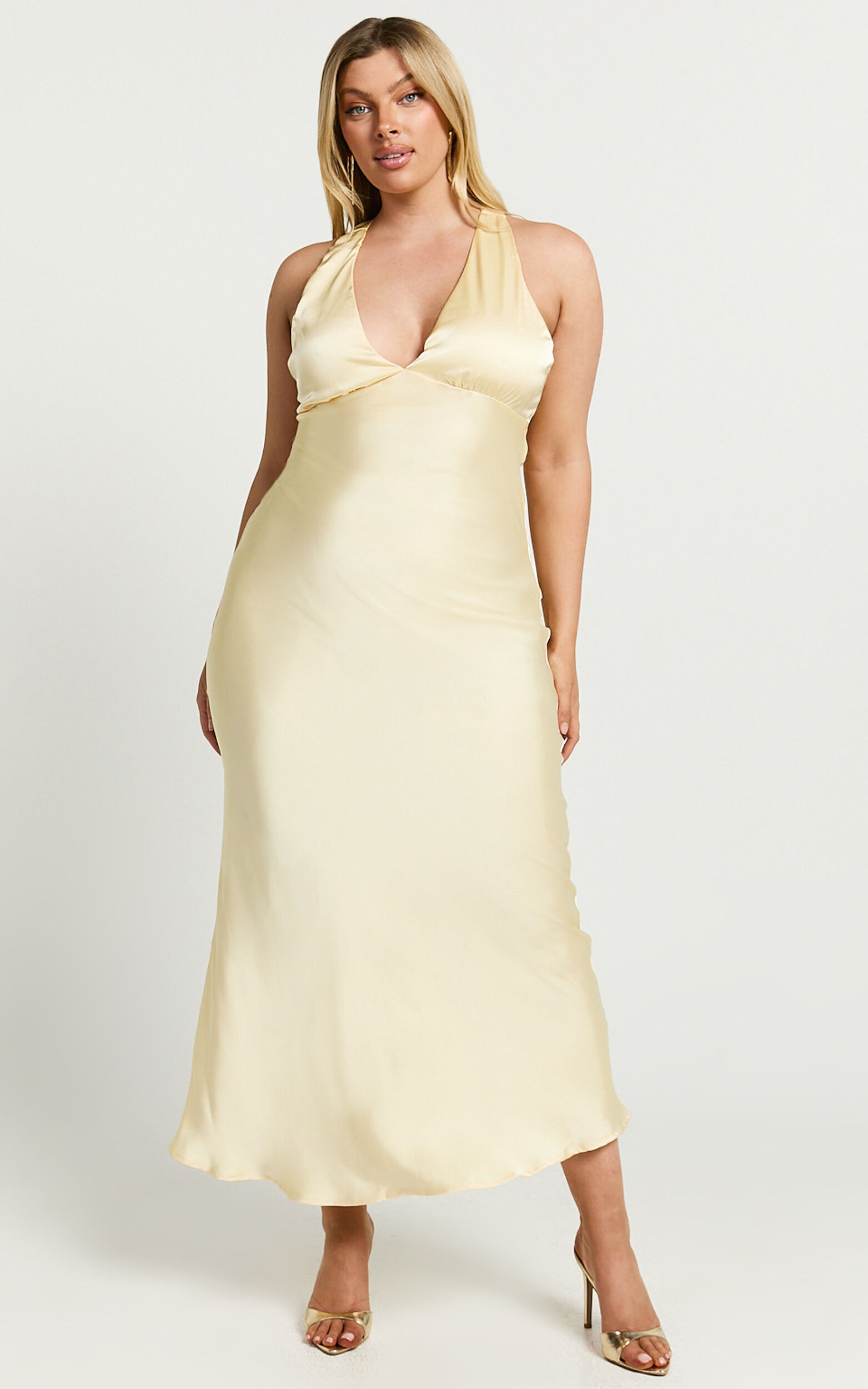 Khalani Midi Dress - Deep V Neck Satin Slip Dress in Butter Yellow