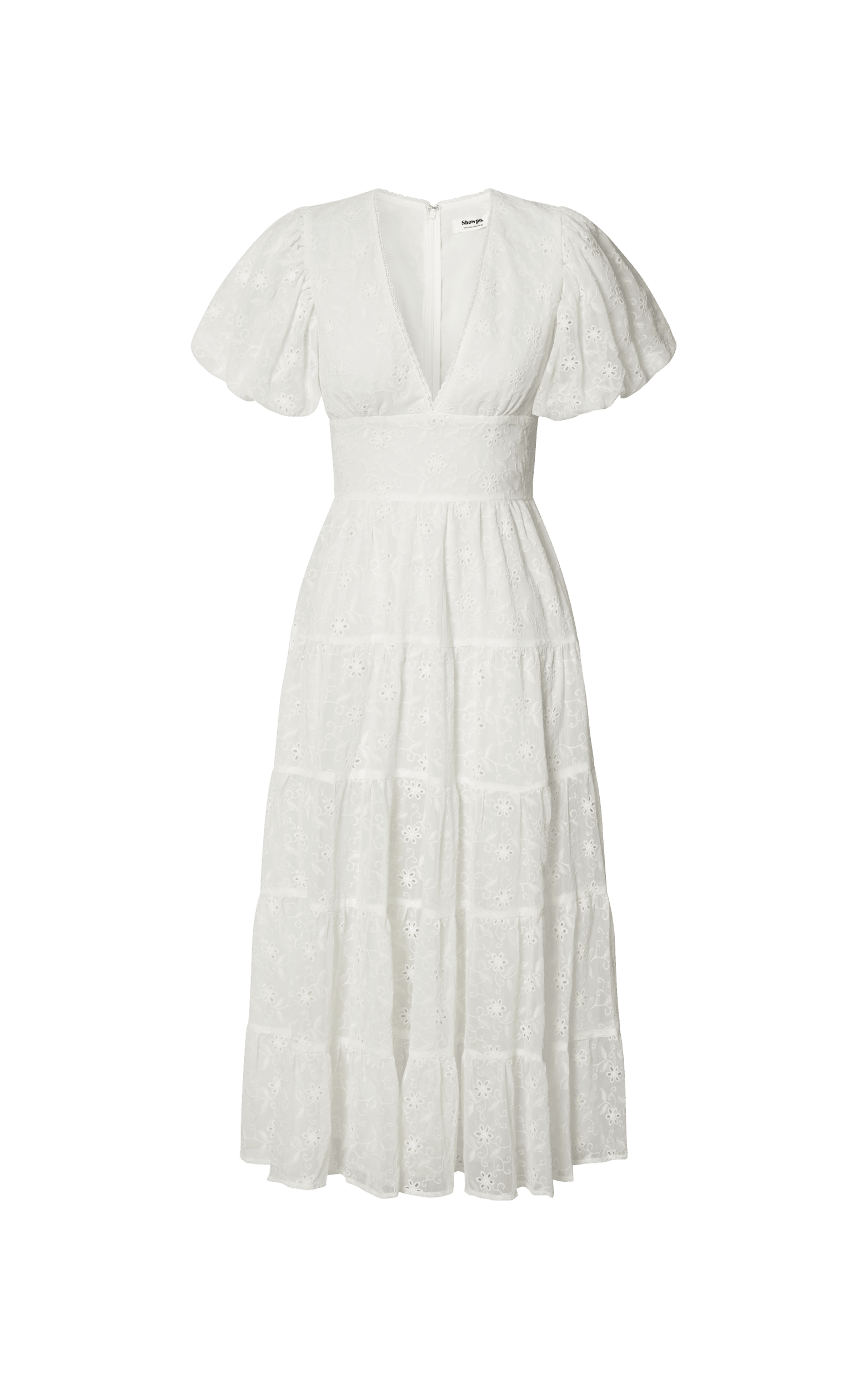Divora Midi Dress - Plunge Balloon Sleeve Tiered Dress in Ivory