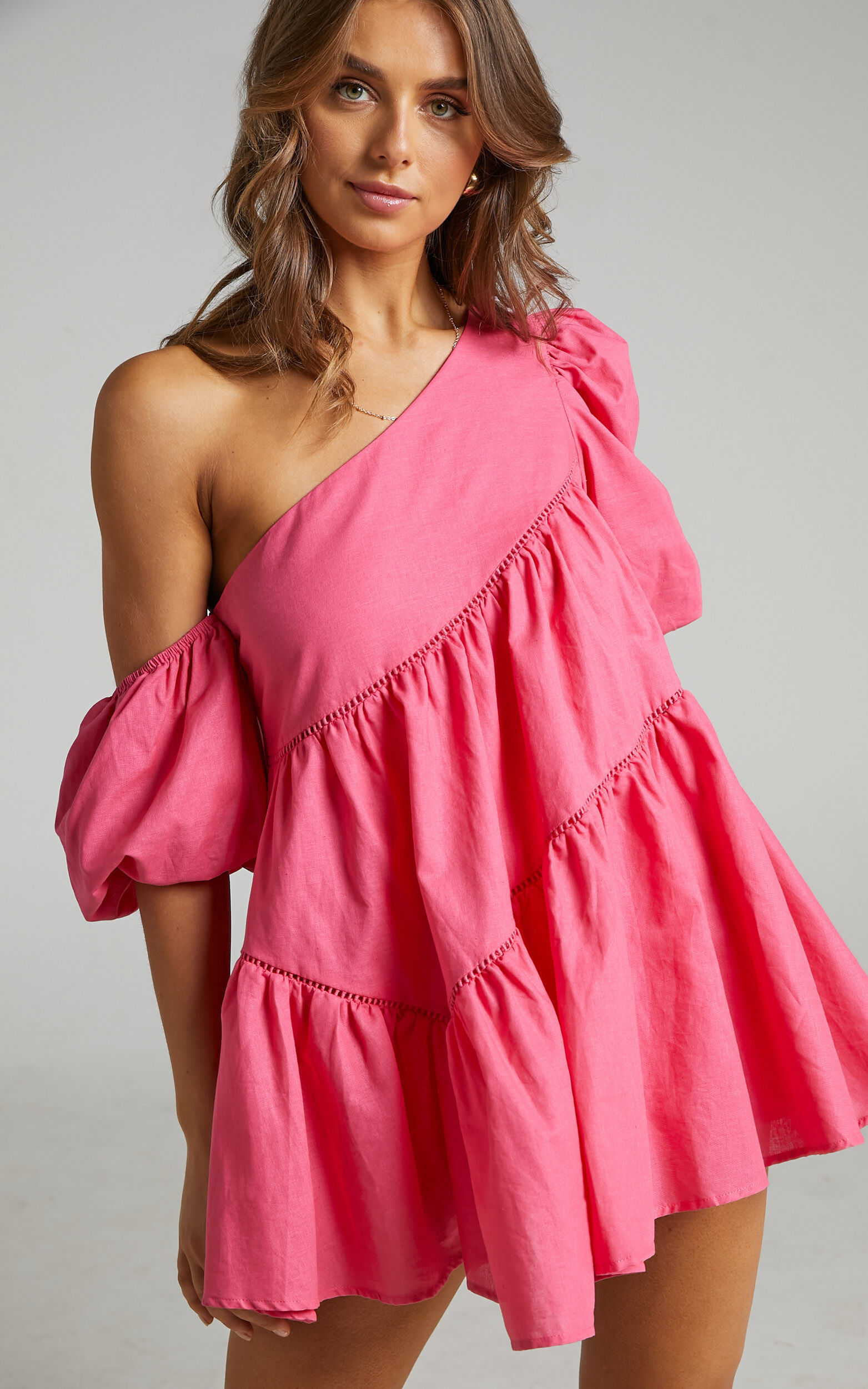 Harleen Mini Dress - Linen Asymmetrical Trim Puff Sleeve Dress in Pink