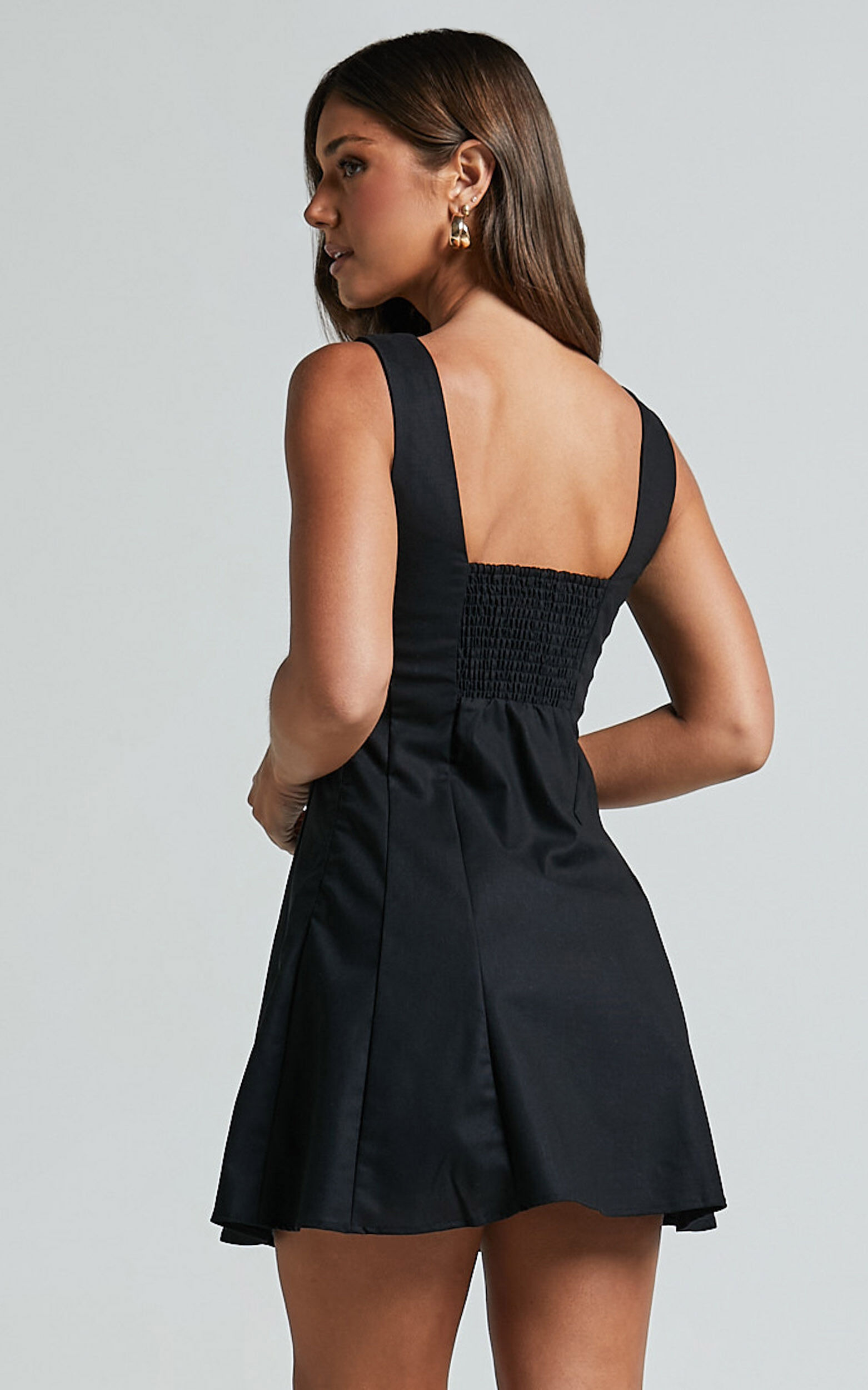 Adiana Mini Dress - Linen Square Neck Shirred Back A Line Dress in Black
