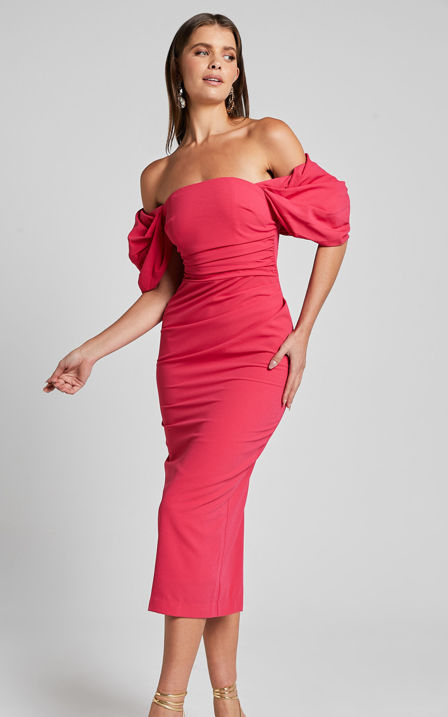 Lohan Midi Dress - Off Shoulder Puff Sleeve in Berry