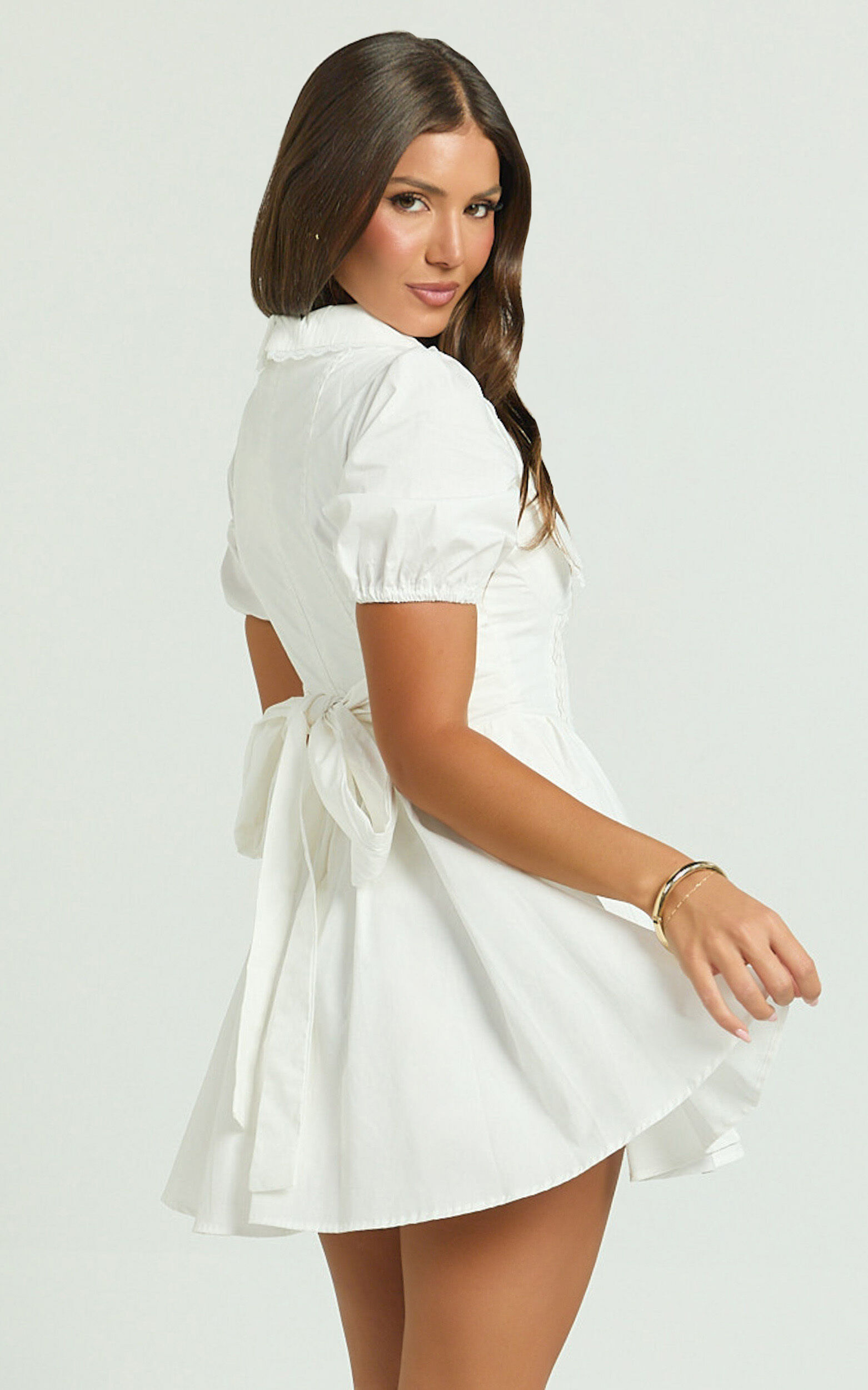 Jhorgen Mini Dress - Collared Puff Sleeve Dress in White