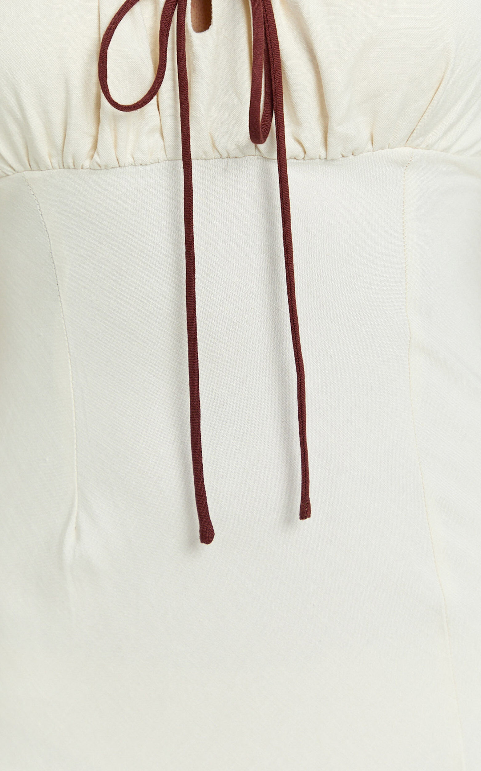 Gwen Midi Linen Dress - Strapped Ruched Bodice Bias Dress in Cream