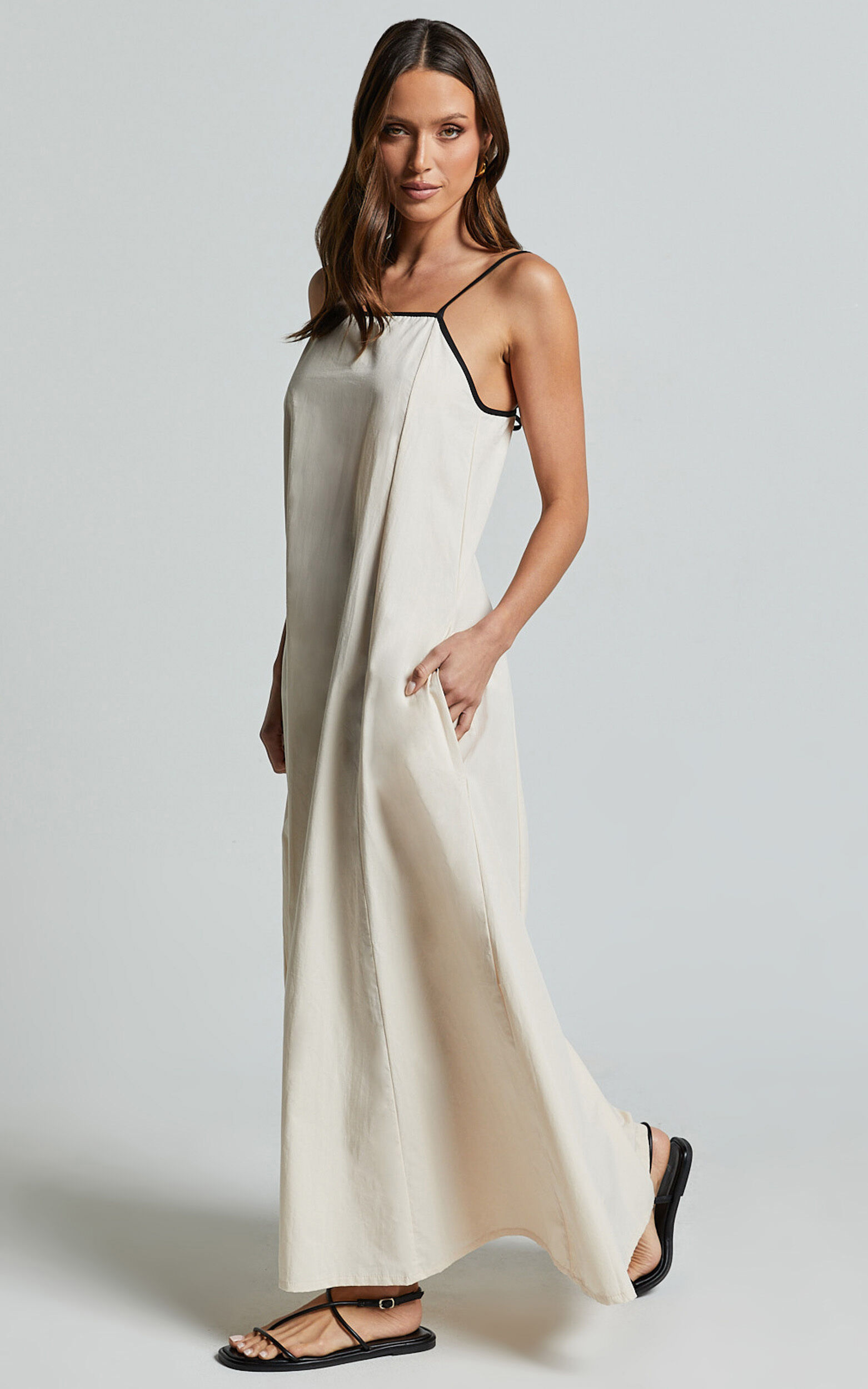 Angelina Midi Dress - Straight Neck Sleeveless A Line Dress in Natural