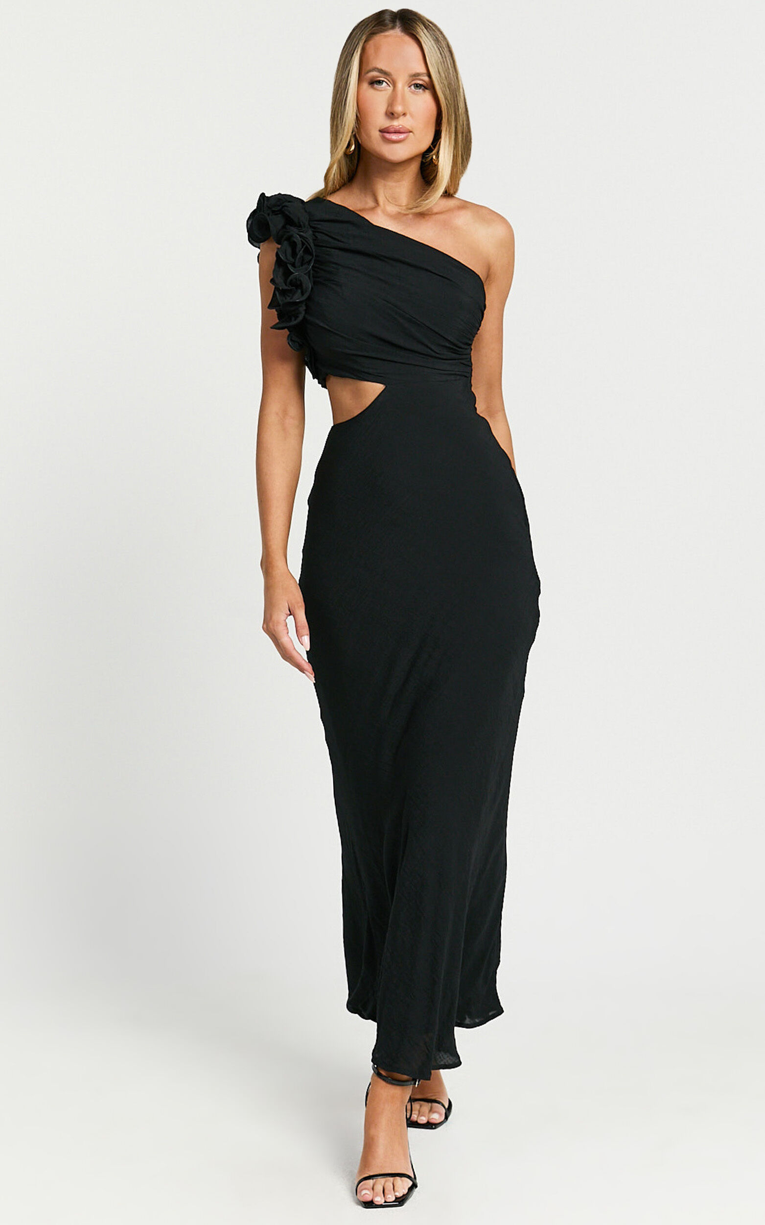Anessa Midi Dress - One Shoulder Ruffle Detail Side Cut Out Dress in Black