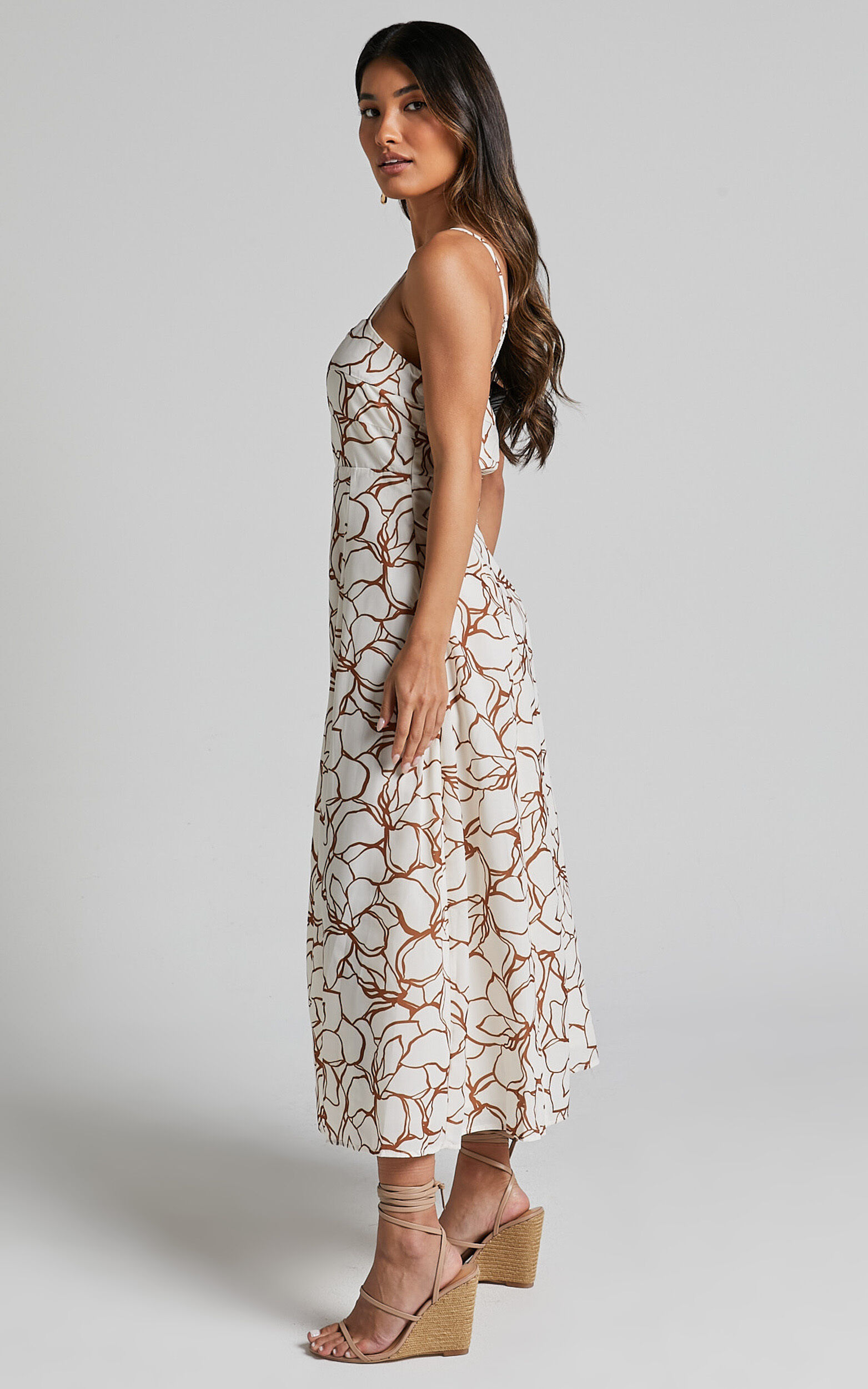 Nylia Midi Dress - Strappy Fit and Flare Dress in White Floral