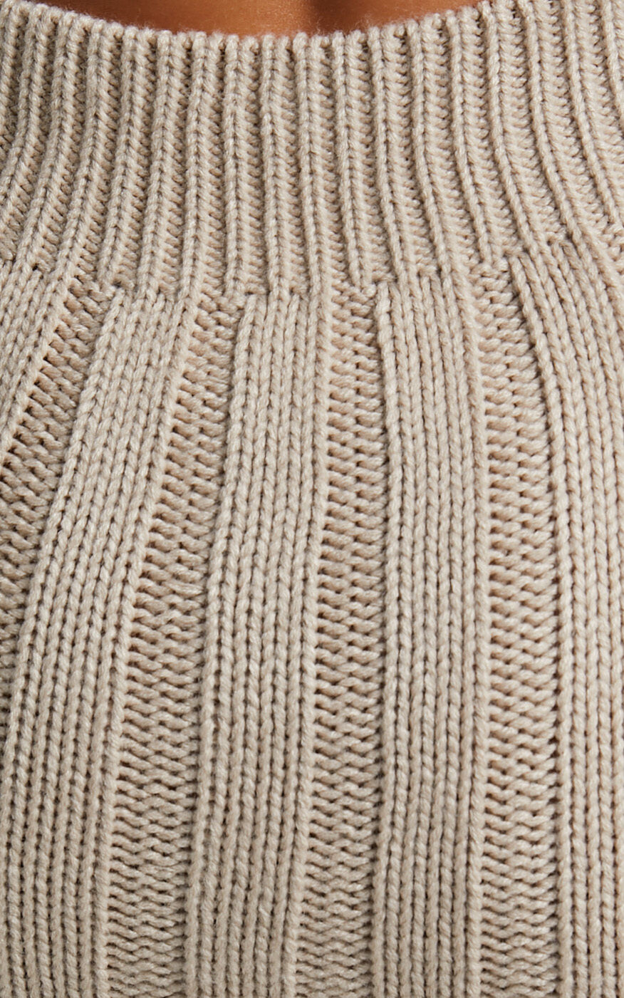 Ghamie Mini Dress - Knit Bodycon Long Sleeve Open Back Dress in Beige