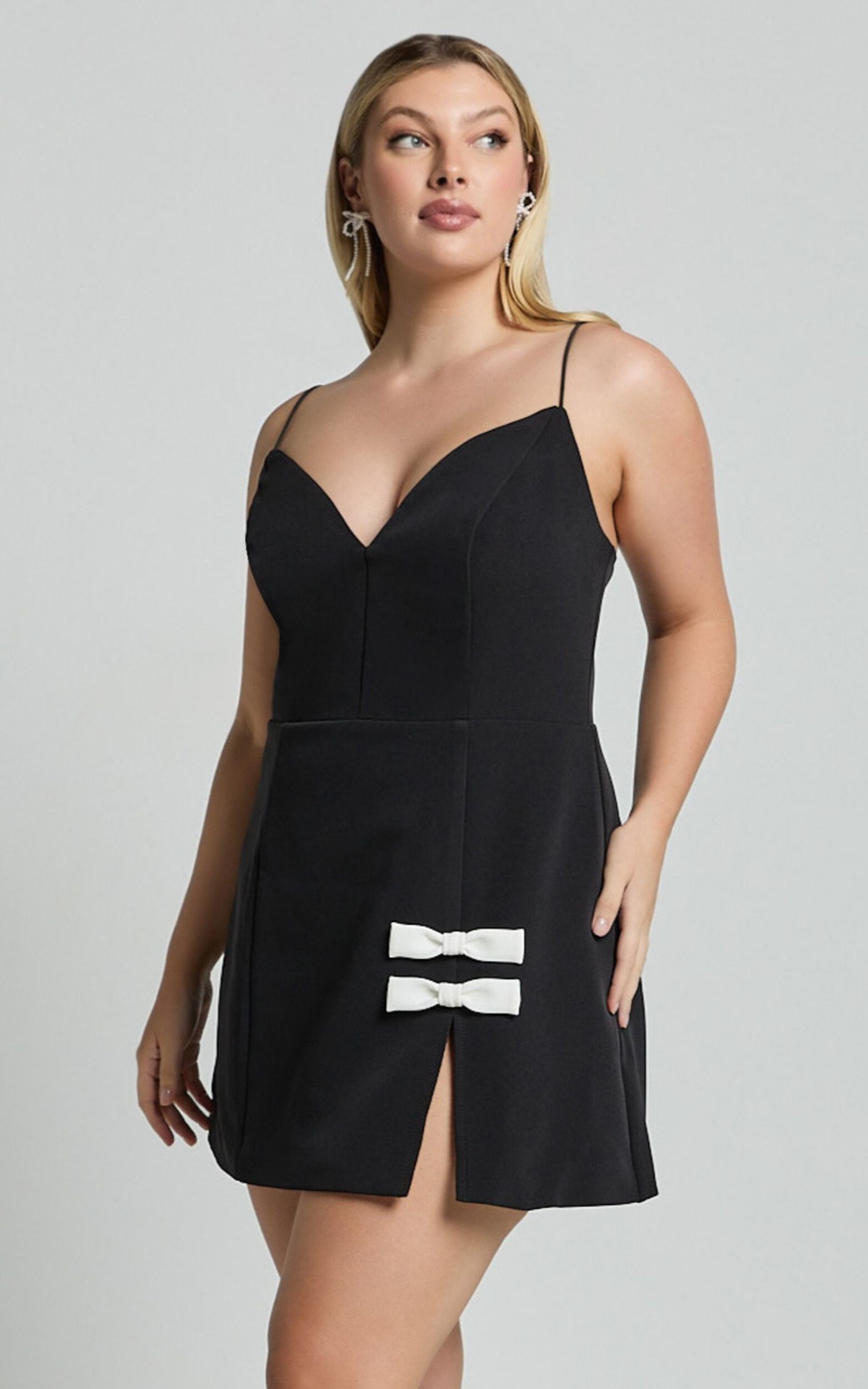 Bernice Mini Dress - Plunge Neck Bow Split Dress in Black