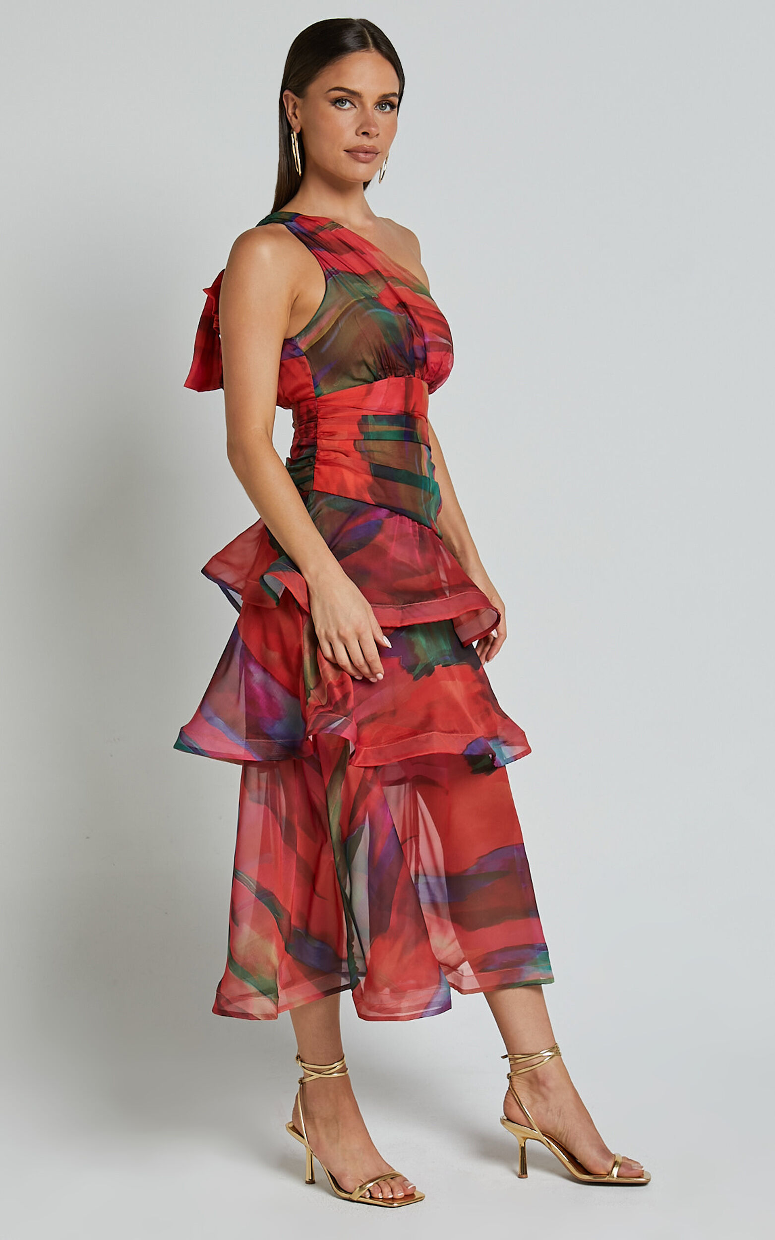 Chelsea Midi Dress - One Shoulder Tie Strap Layered Dress in Print