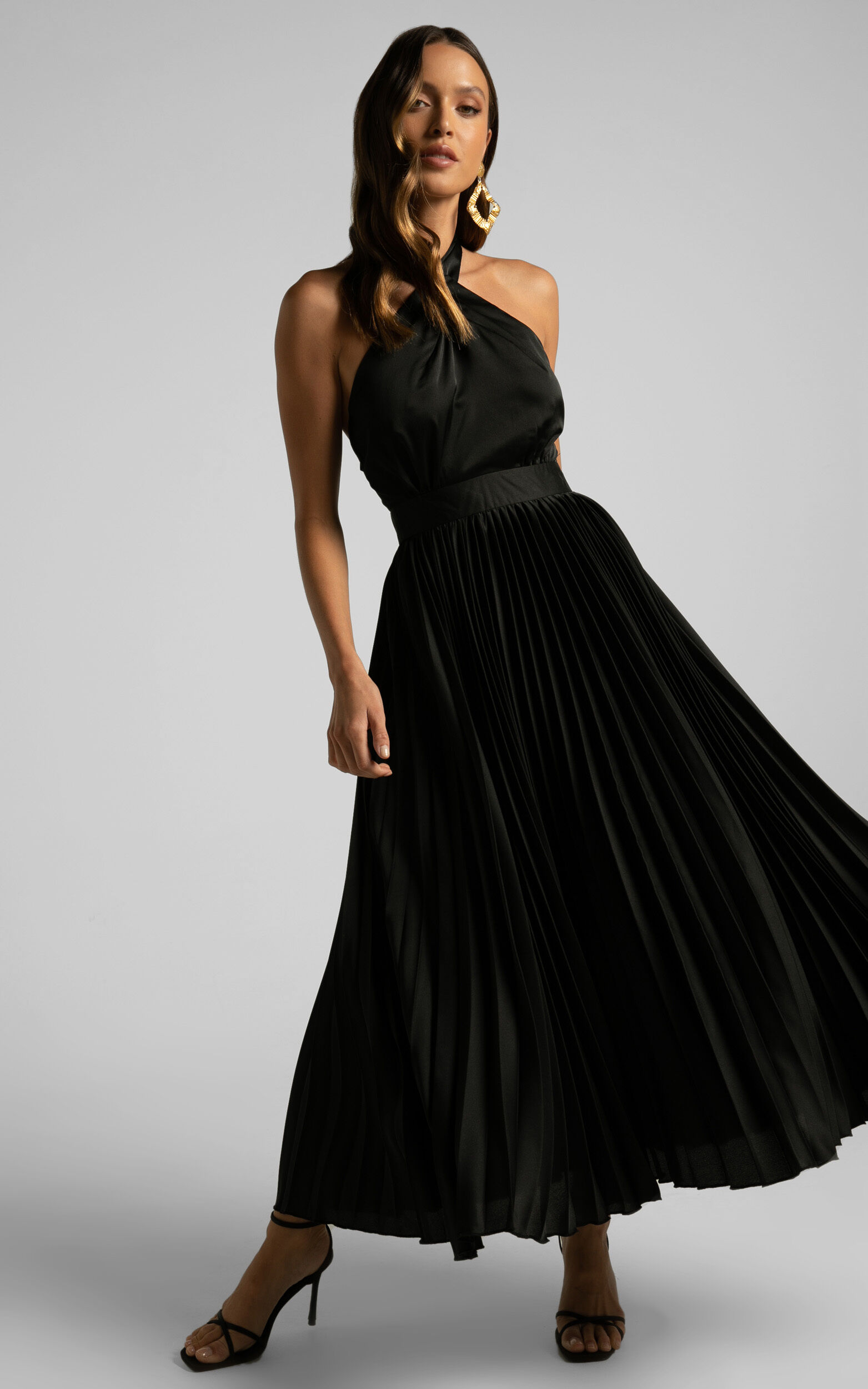 Eloise Midi Dress - Halter Neck Pleated Dress in Black