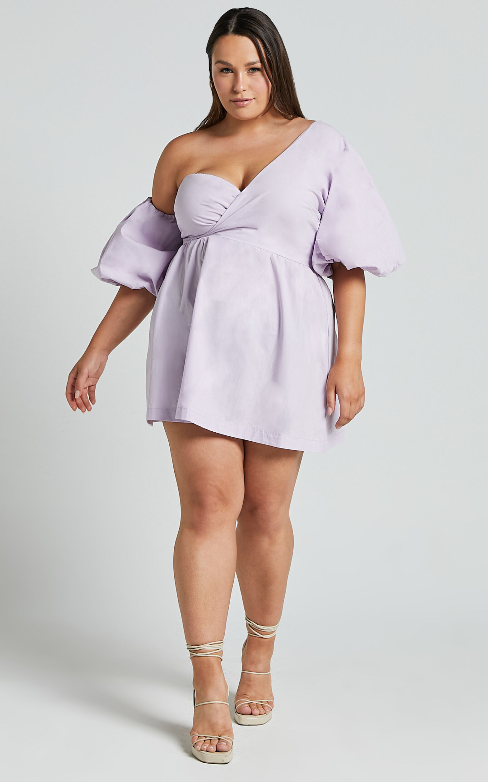 Sula Mini Dress - Asymmetric Off One Shoulder Puff Sleeve Dress in Lilac
