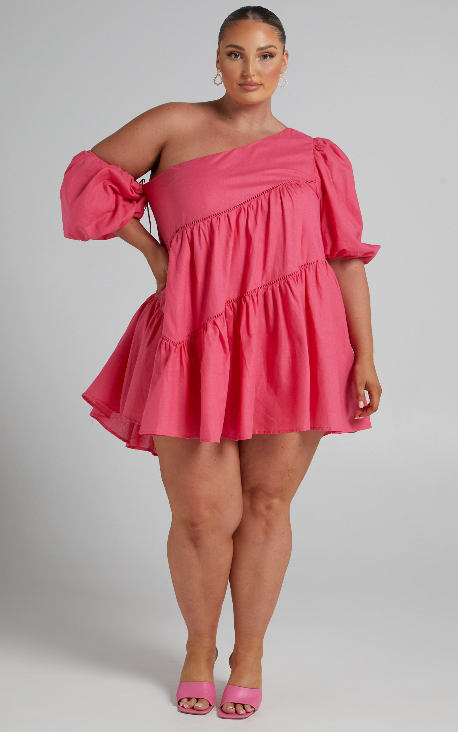 Harleen Mini Dress - Linen Asymmetrical Trim Puff Sleeve Dress in Pink