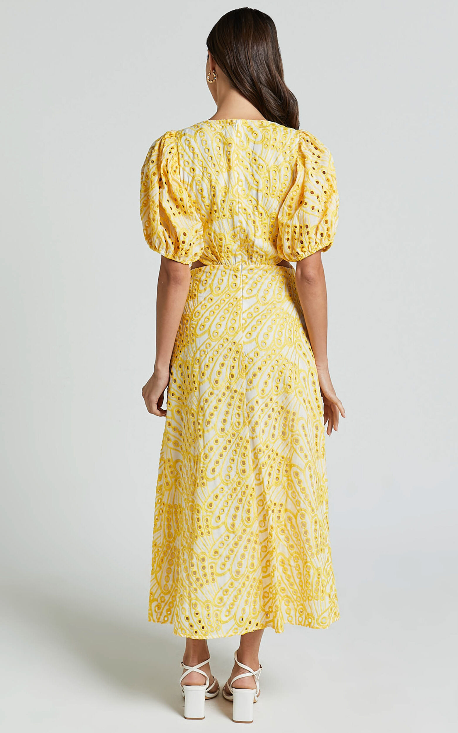 Imogen Midi Dress - Plunge Neck Puff Sleeve Side Cut Out Dress in White and Yellow
