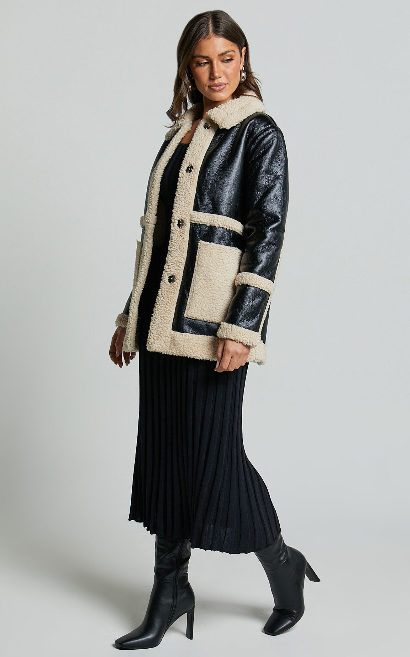 Ruth Jacket - Faux Shearling Aviator Jacket in Black