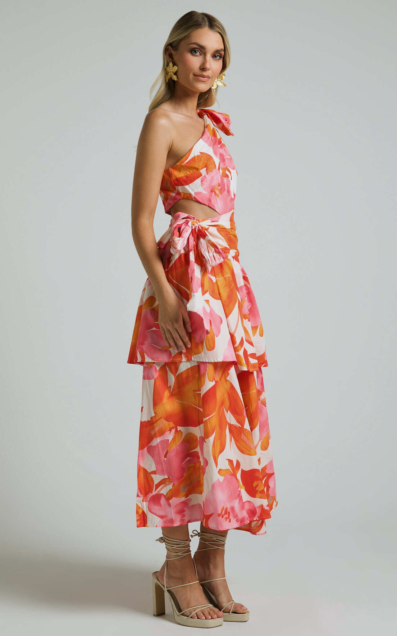 Honolulu Midi Dress - One Shoulder Tiered Dress in Orange Floral