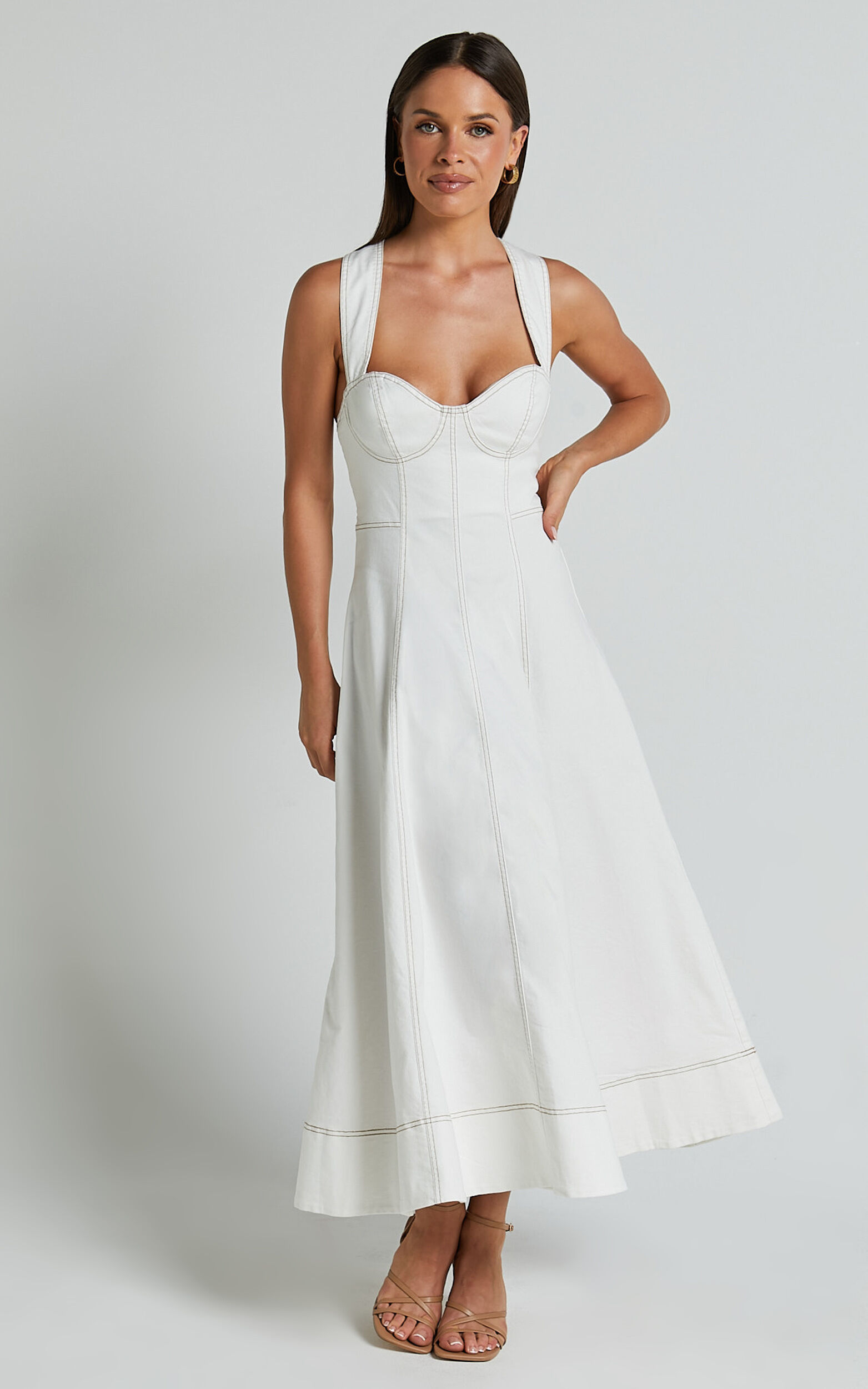 Edeline Midi Dress - Wide Strap Sweetheart Bust Dress in White