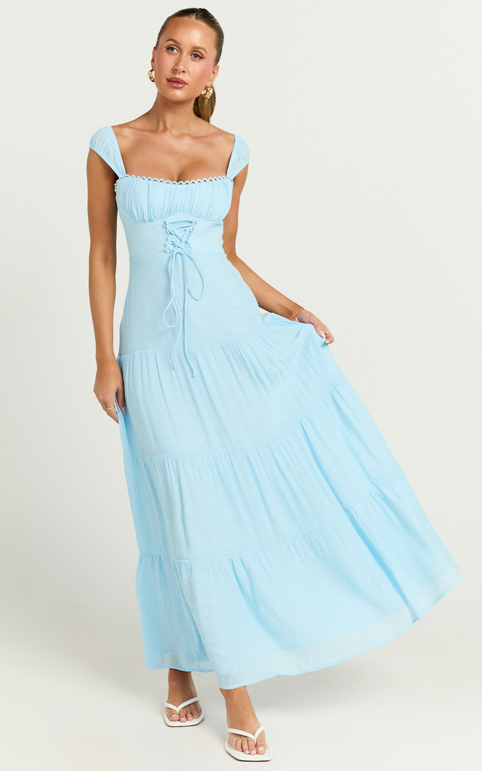 Nabby Midi Dress - Sweetheart Ruched Bust Short Sleeve Dress in Blue