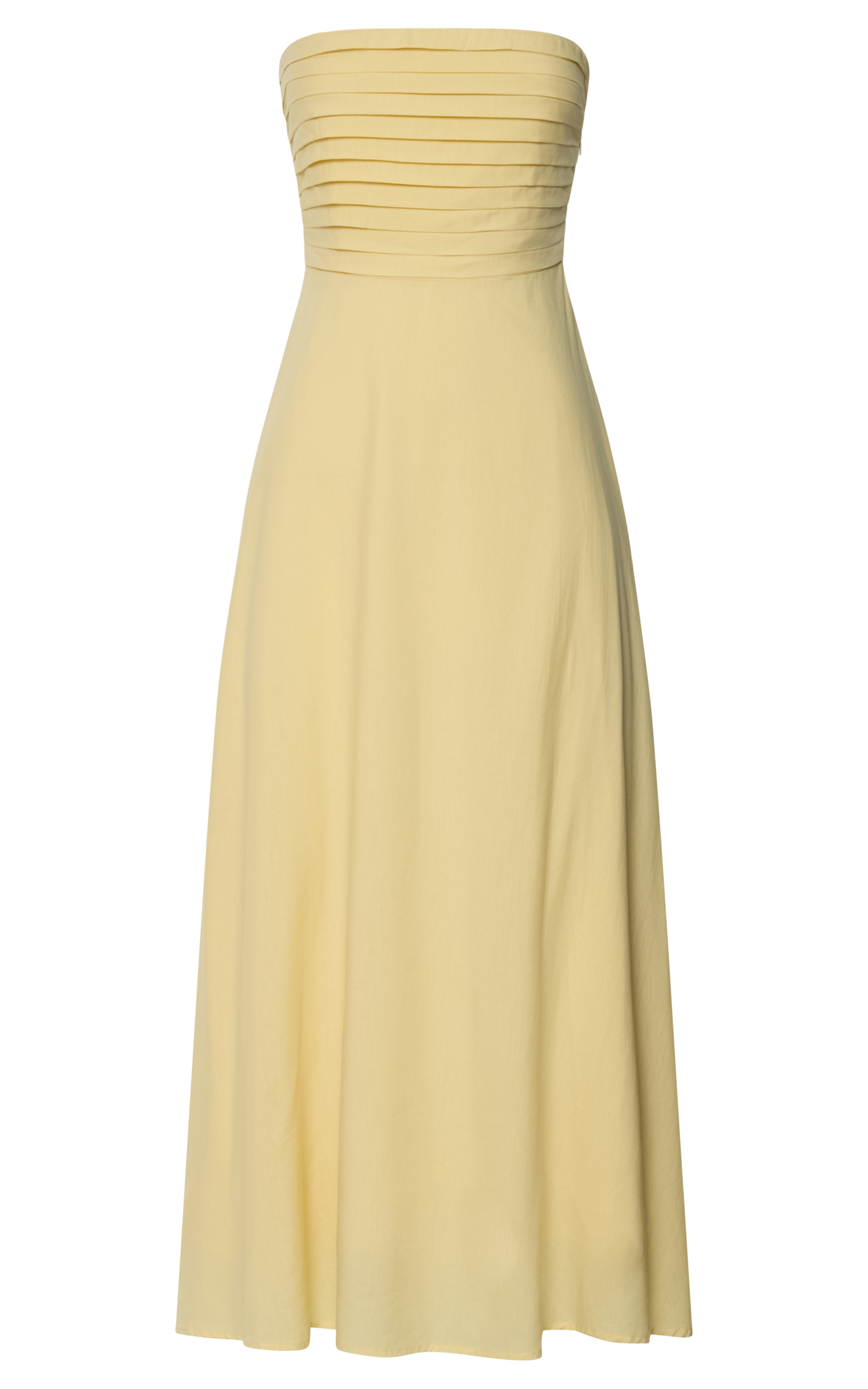 Barbra Midi Dress - Strapless Ruched Bodice Dress in Lemon