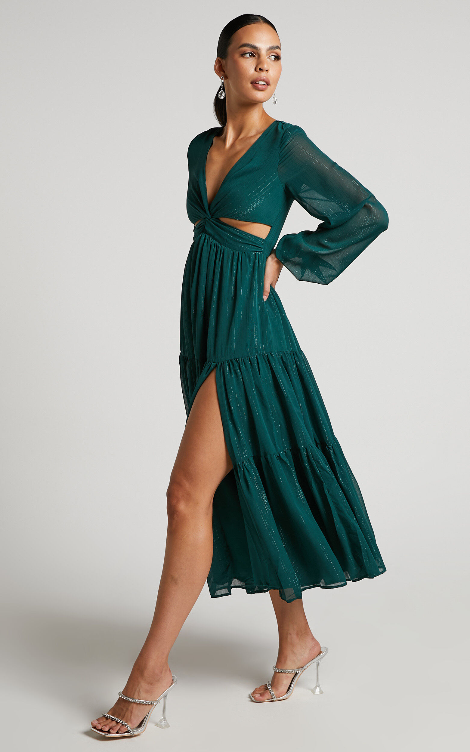 Edelyn Midi Dress - Cut Out Balloon Sleeve Tiered Dress in Emerald