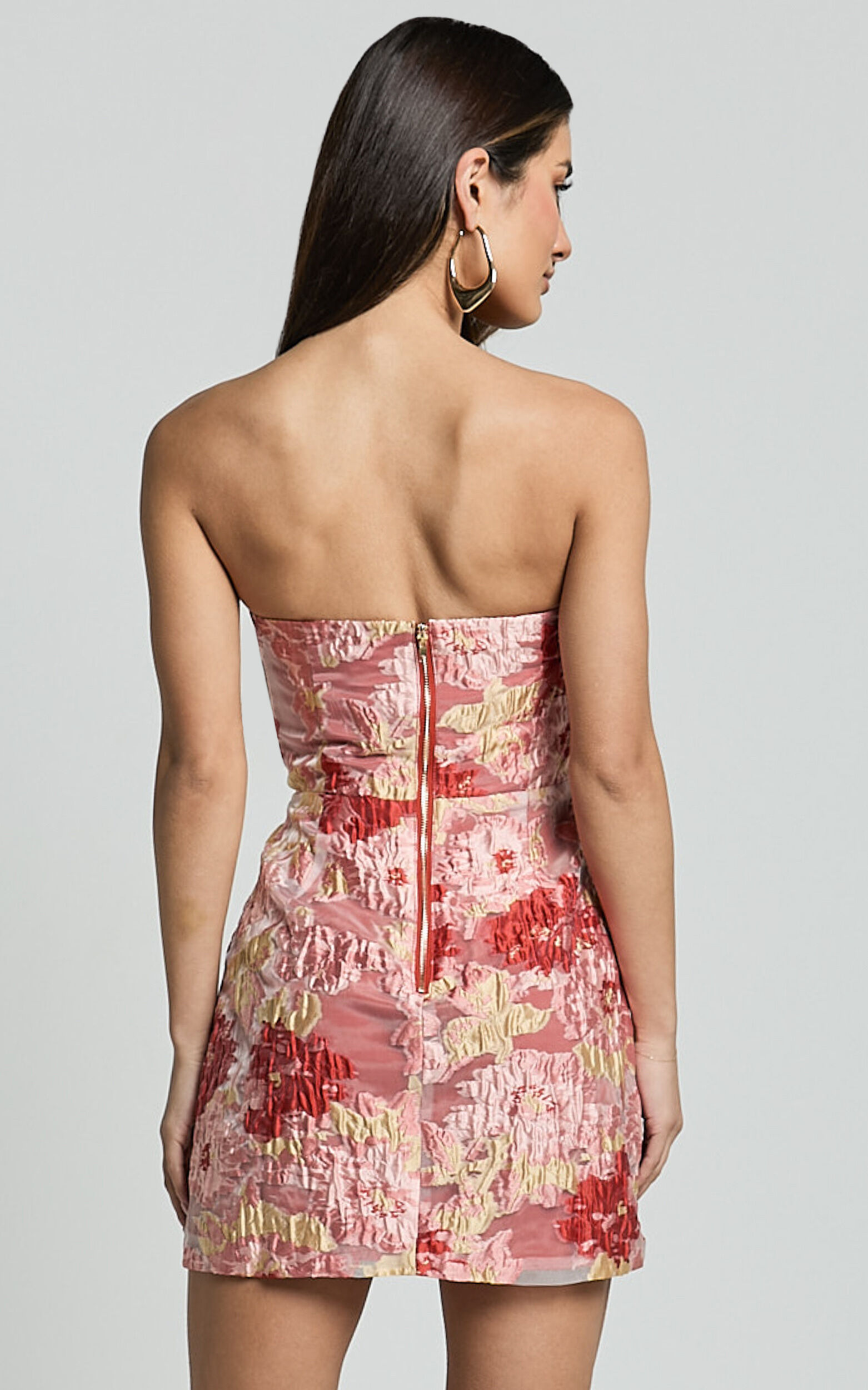 Atalia Mini Dress - Strapless Draped Jacquard Dress in Rust