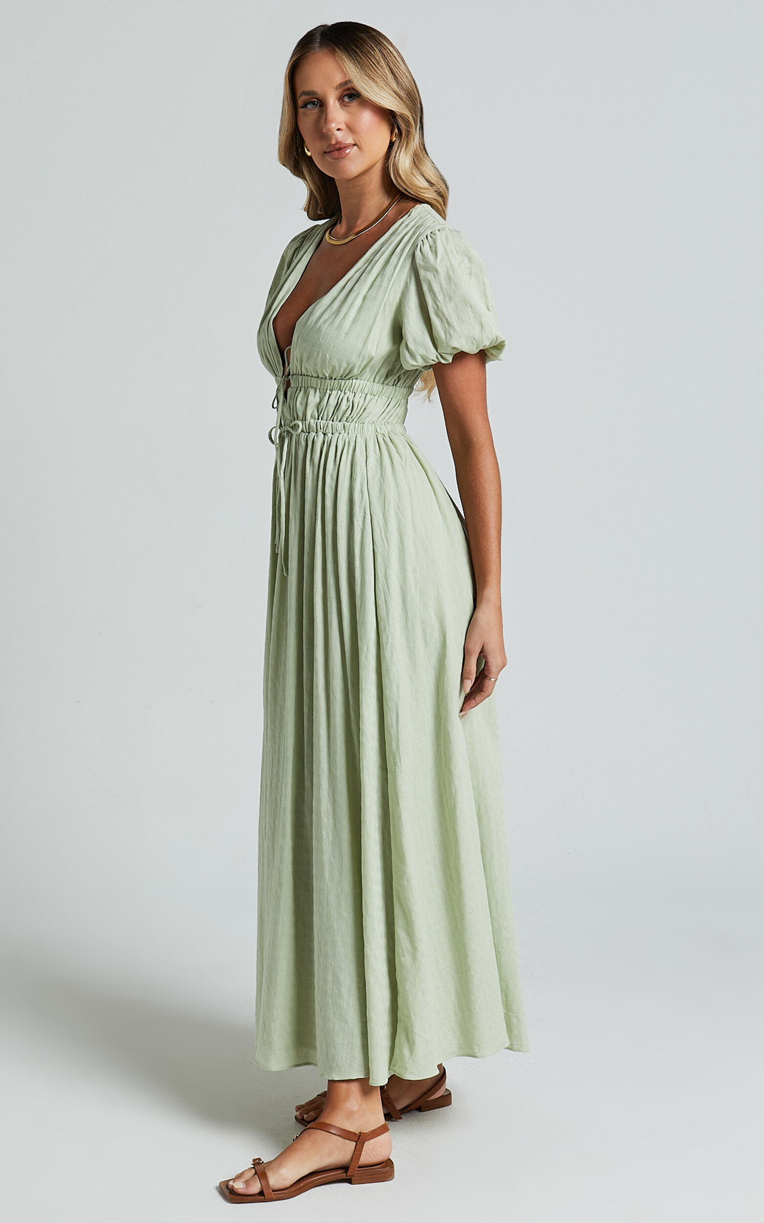 Matteo Midi Dress - Deep V Neck Puff Sleeve Dress in Sage