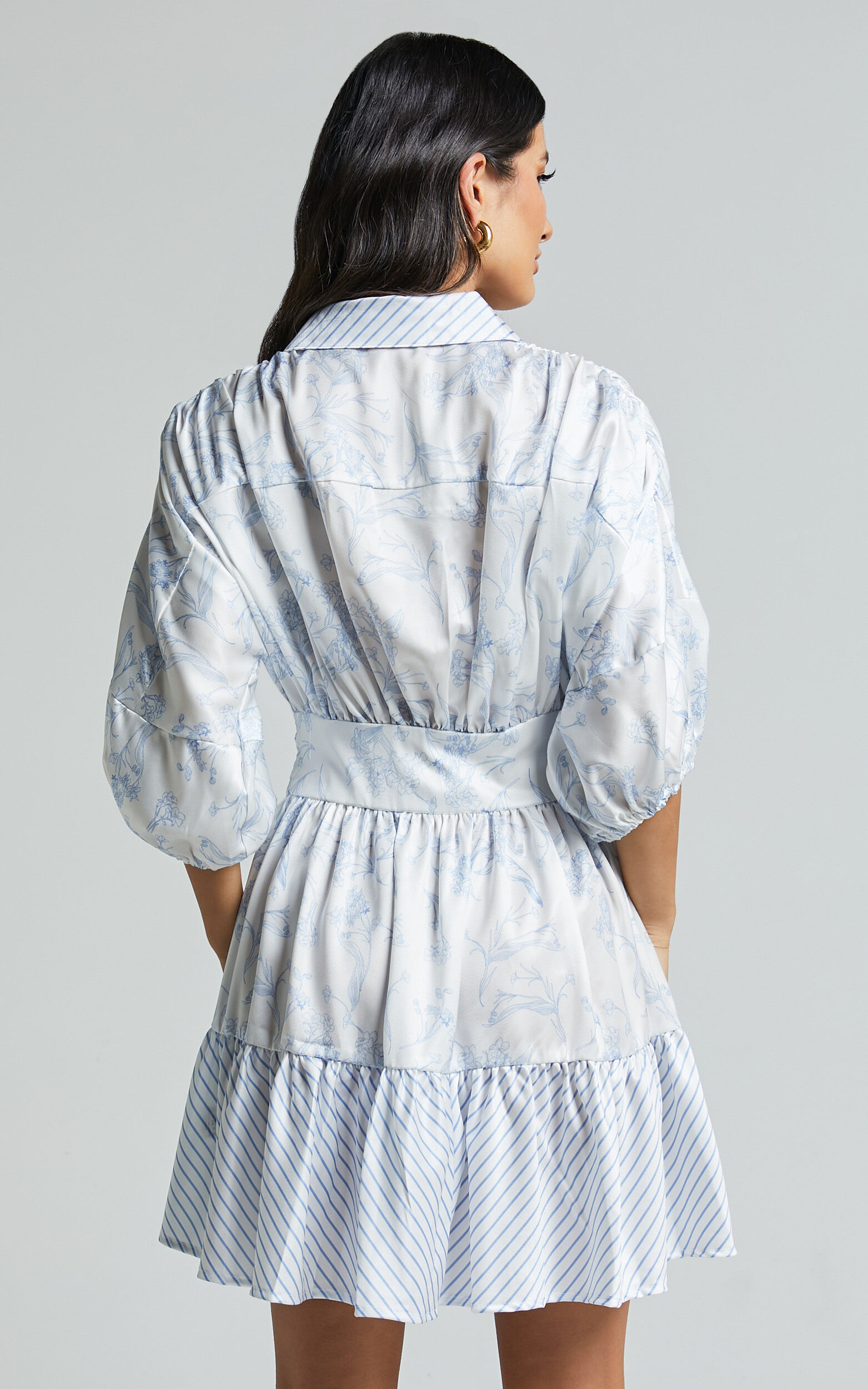 Amabella Mini Dress - 3/4 Sleeve Collared Button Up Dress in Blue